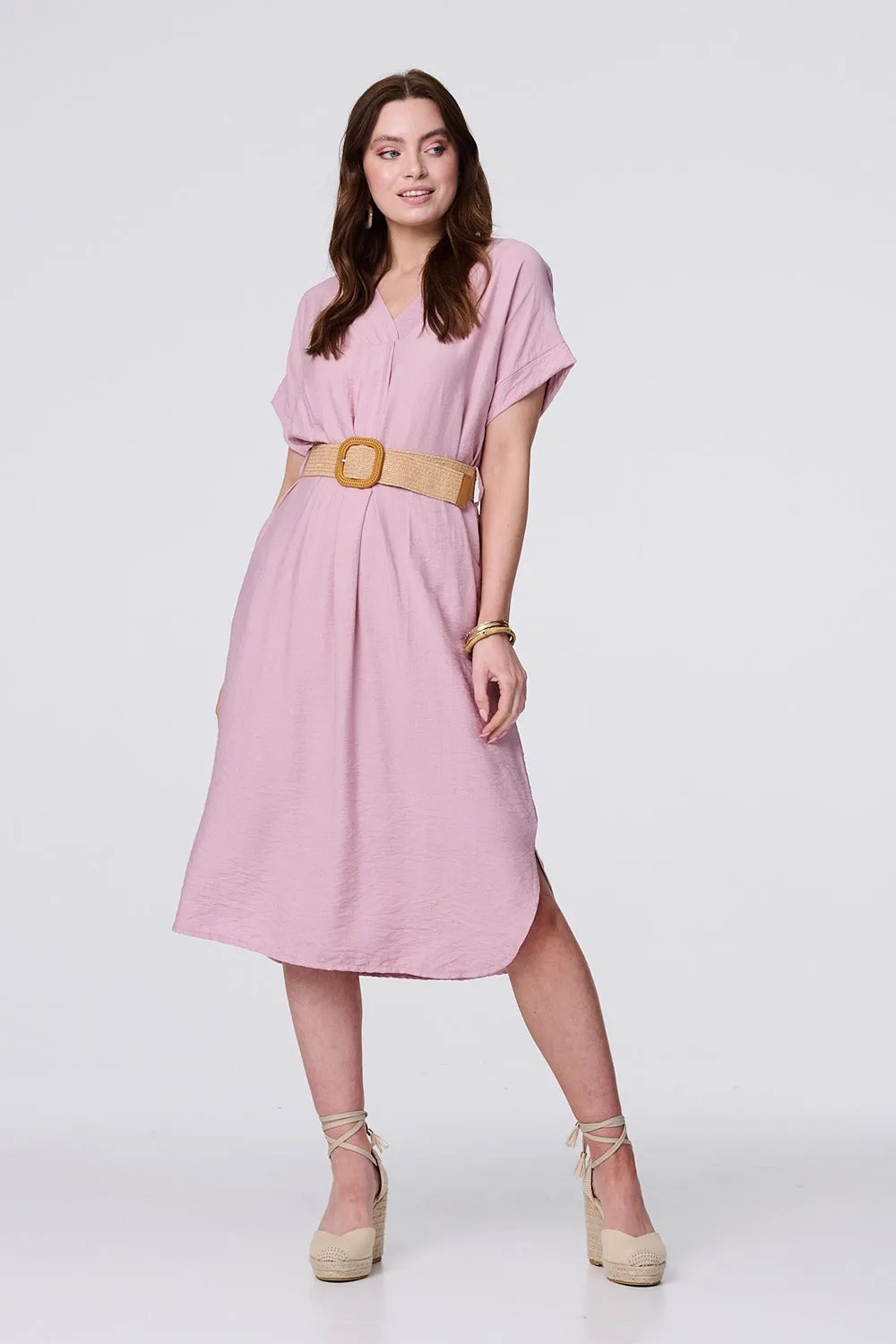 V-Neck Short Sleeve Belted Tunic Dress