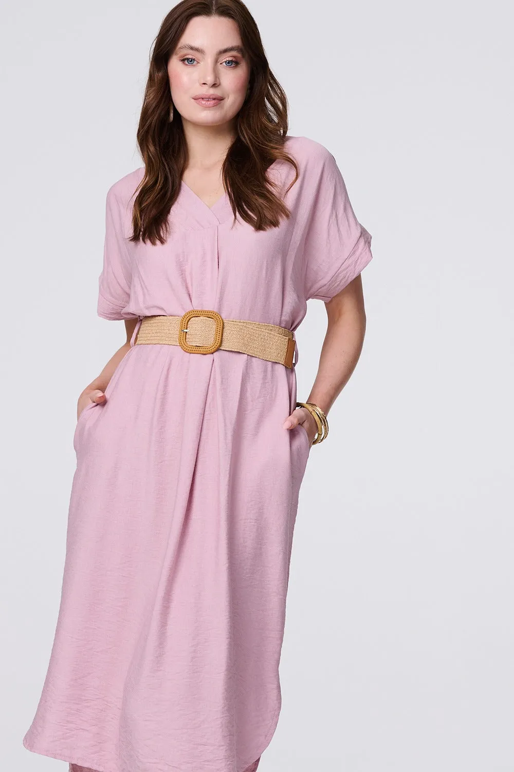 V-Neck Short Sleeve Belted Tunic Dress