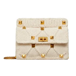 Valentino Garavani Roman Stud Large Shoulder Bag Ivory Knit Cashmere