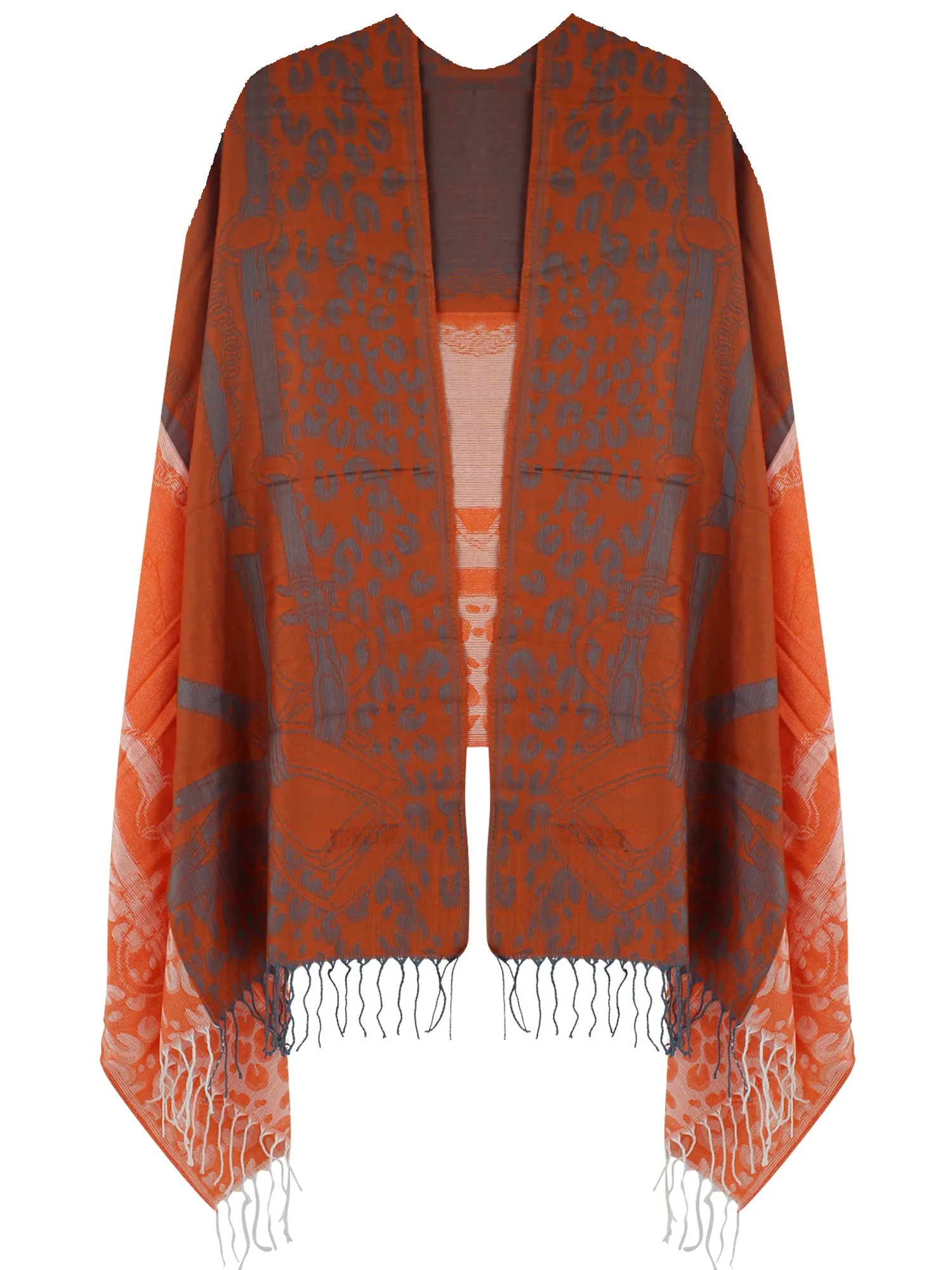 Vibrant Orange Chain & Animal Shawl Wrap