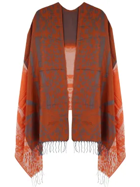 Vibrant Orange Chain & Animal Shawl Wrap