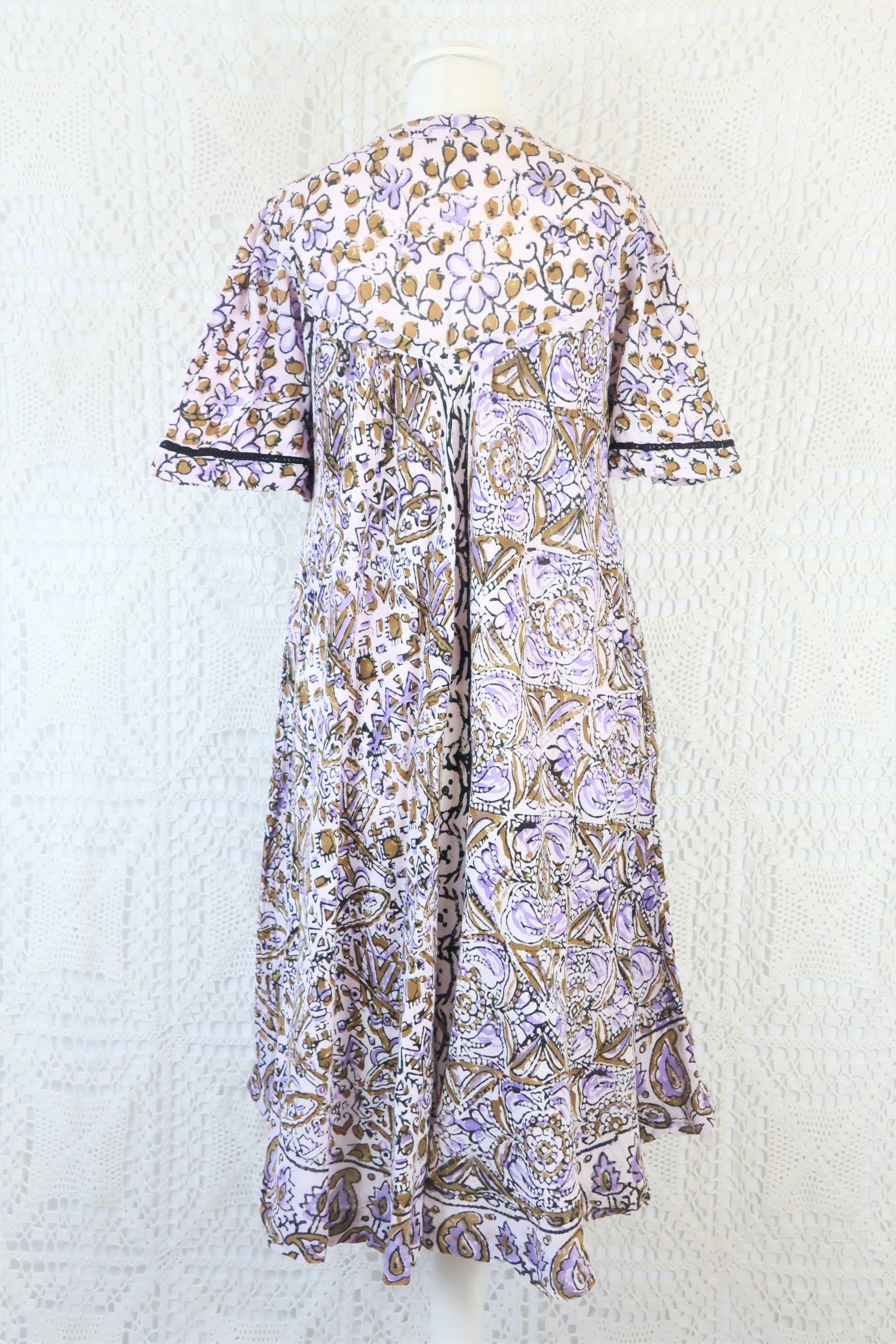 Vintage Indian Cotton Smock Dress - Wisteria & Olive - Free Size M