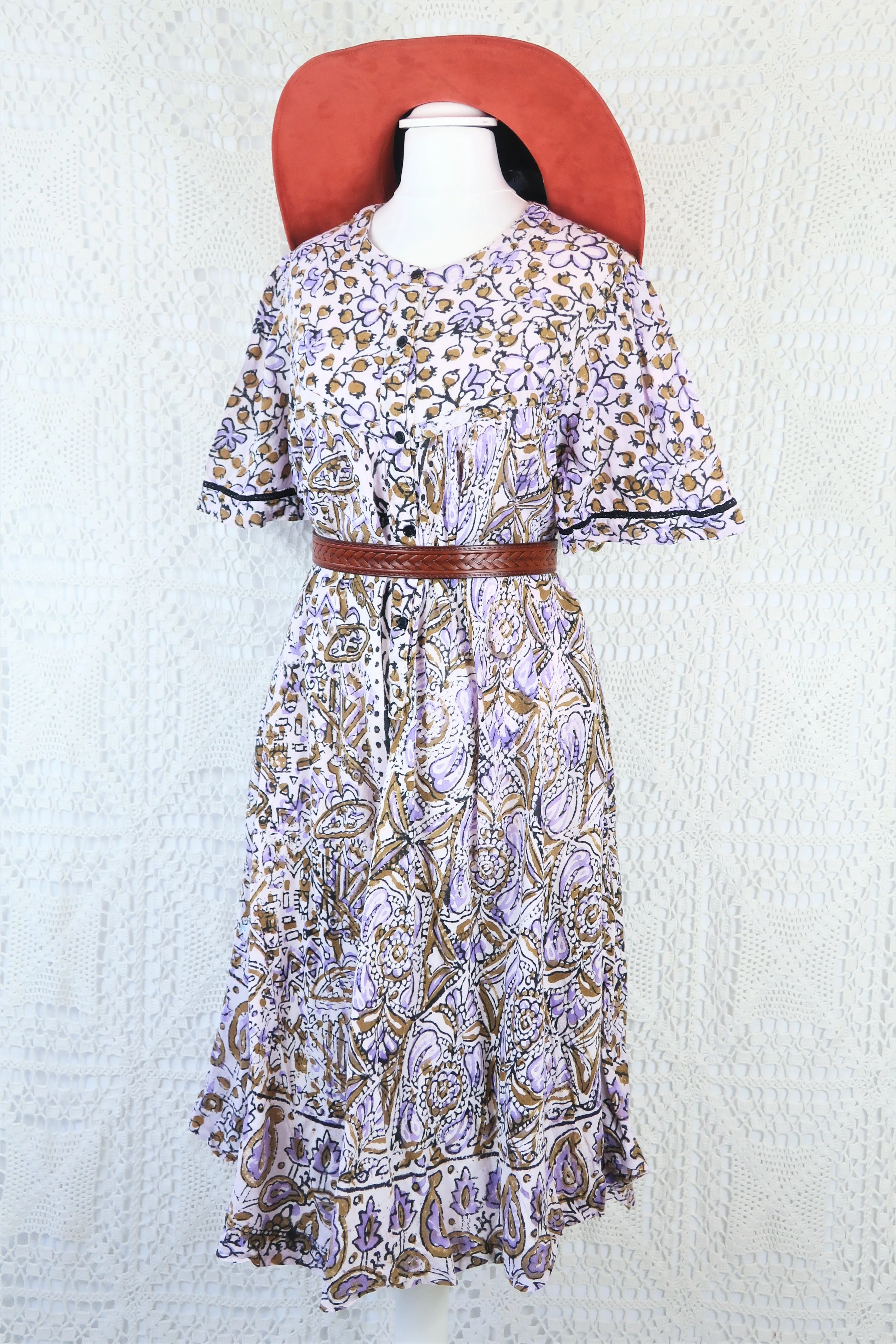 Vintage Indian Cotton Smock Dress - Wisteria & Olive - Free Size M