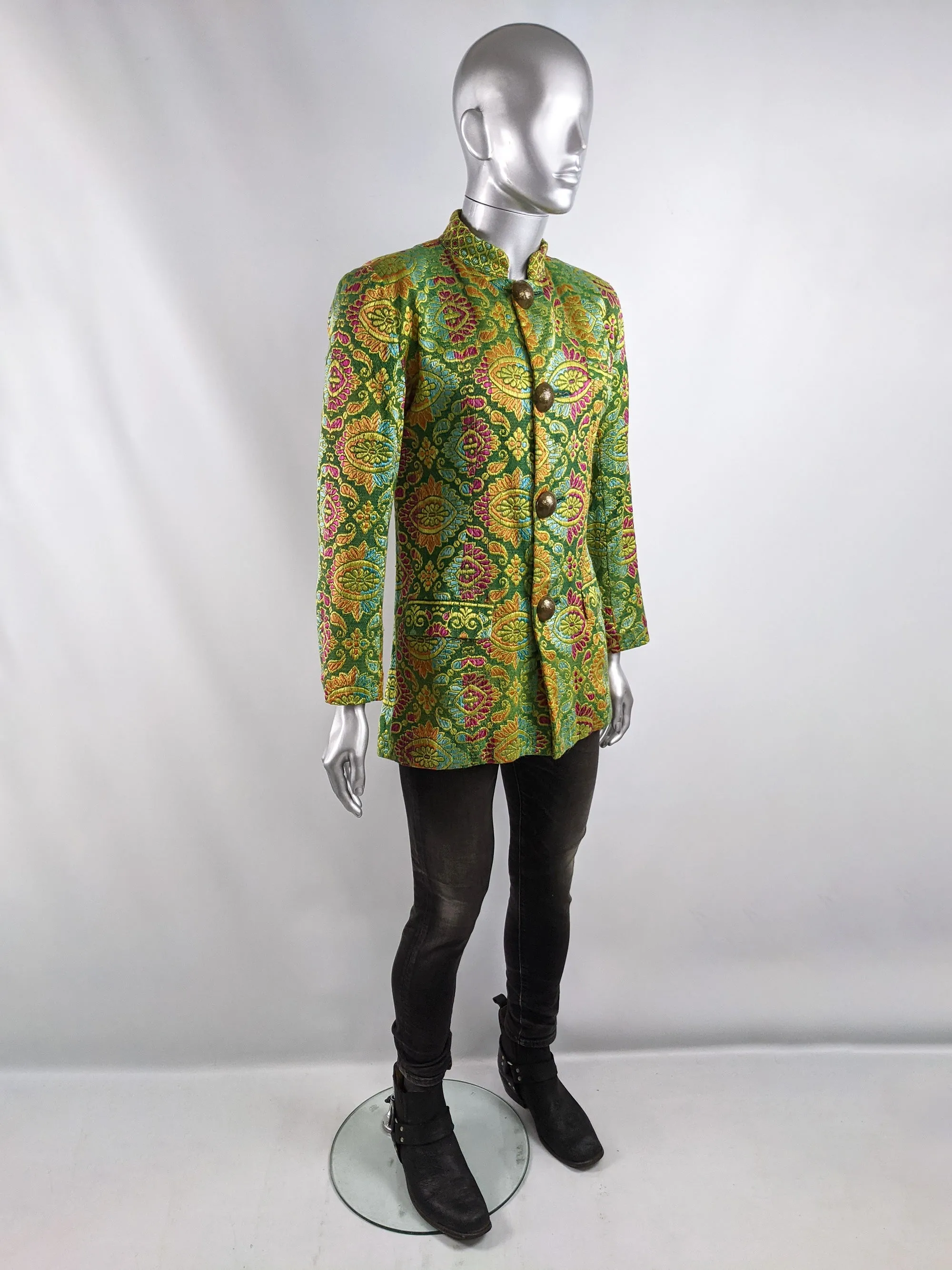 Vintage Mens Green Satin Jacquard Nehru Collar Jacket, 1980s