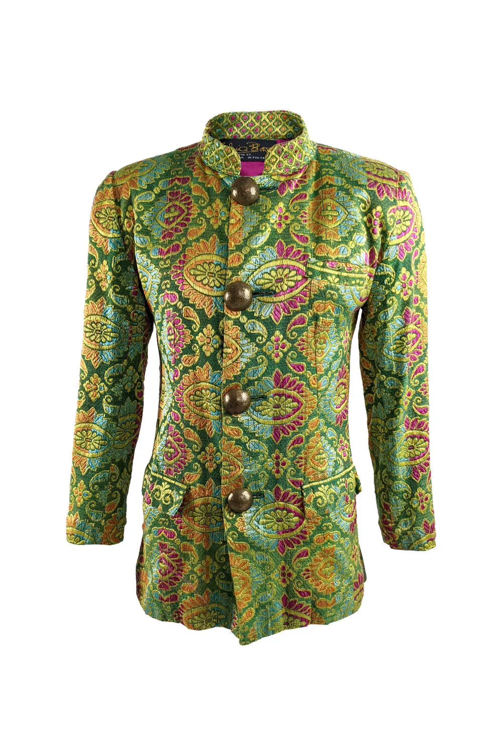 Vintage Mens Green Satin Jacquard Nehru Collar Jacket, 1980s