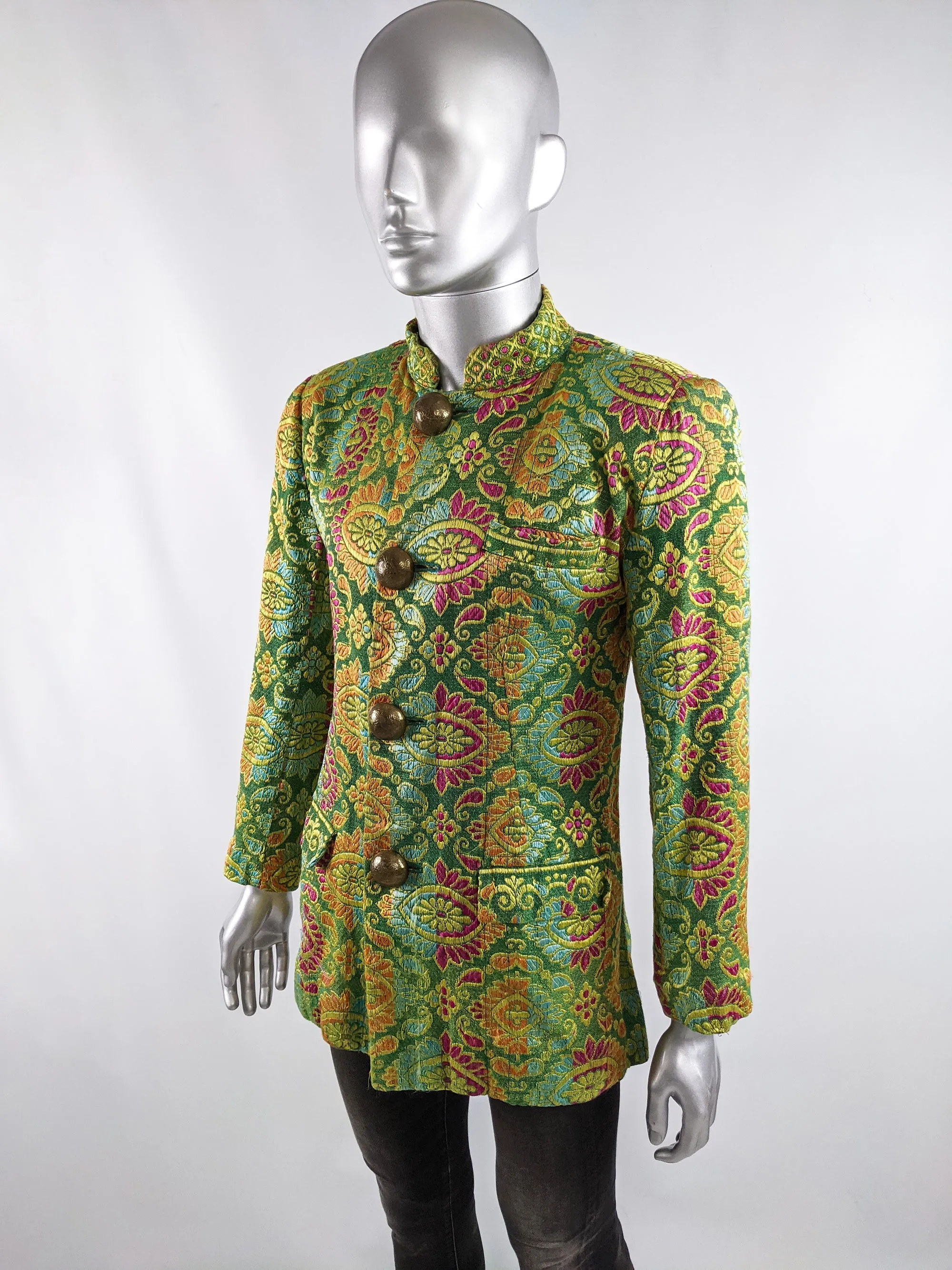 Vintage Mens Green Satin Jacquard Nehru Collar Jacket, 1980s