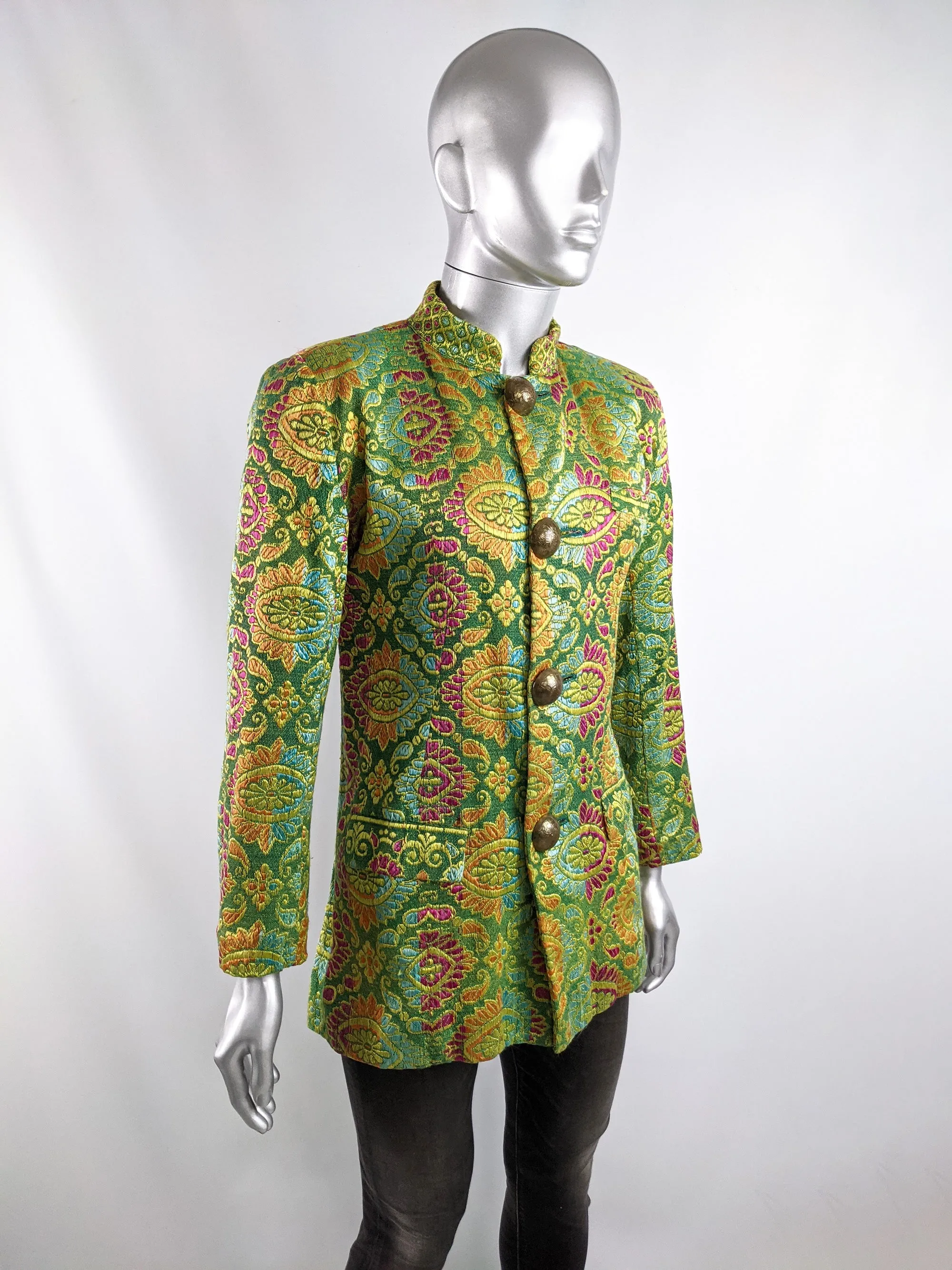 Vintage Mens Green Satin Jacquard Nehru Collar Jacket, 1980s