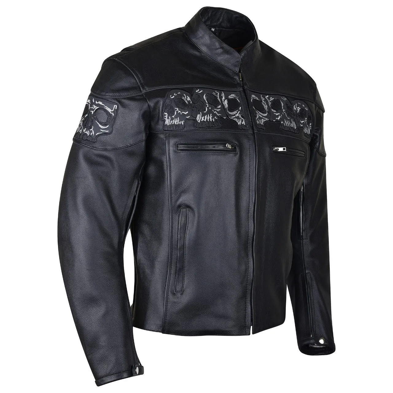 VL535 Reflective Skull Premium Cowhide Leather Motorcycle Jacket