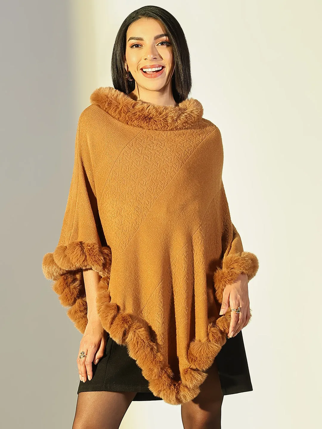 Women Brown Solid Longline Poncho