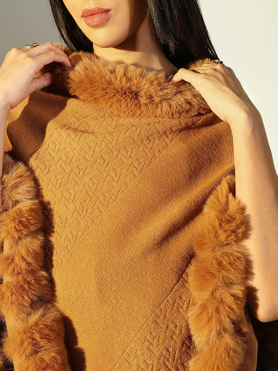 Women Brown Solid Longline Poncho