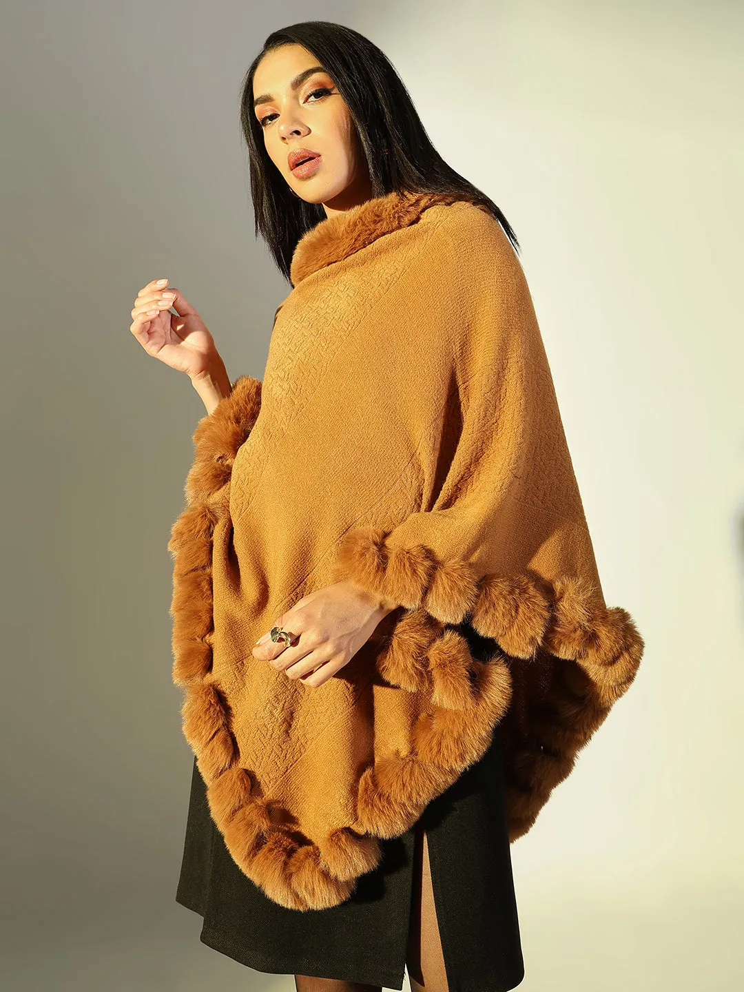 Women Brown Solid Longline Poncho