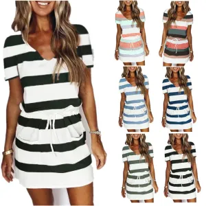 Women V-Neck Striped Print Short Sleeve Dress with Belts Pockets