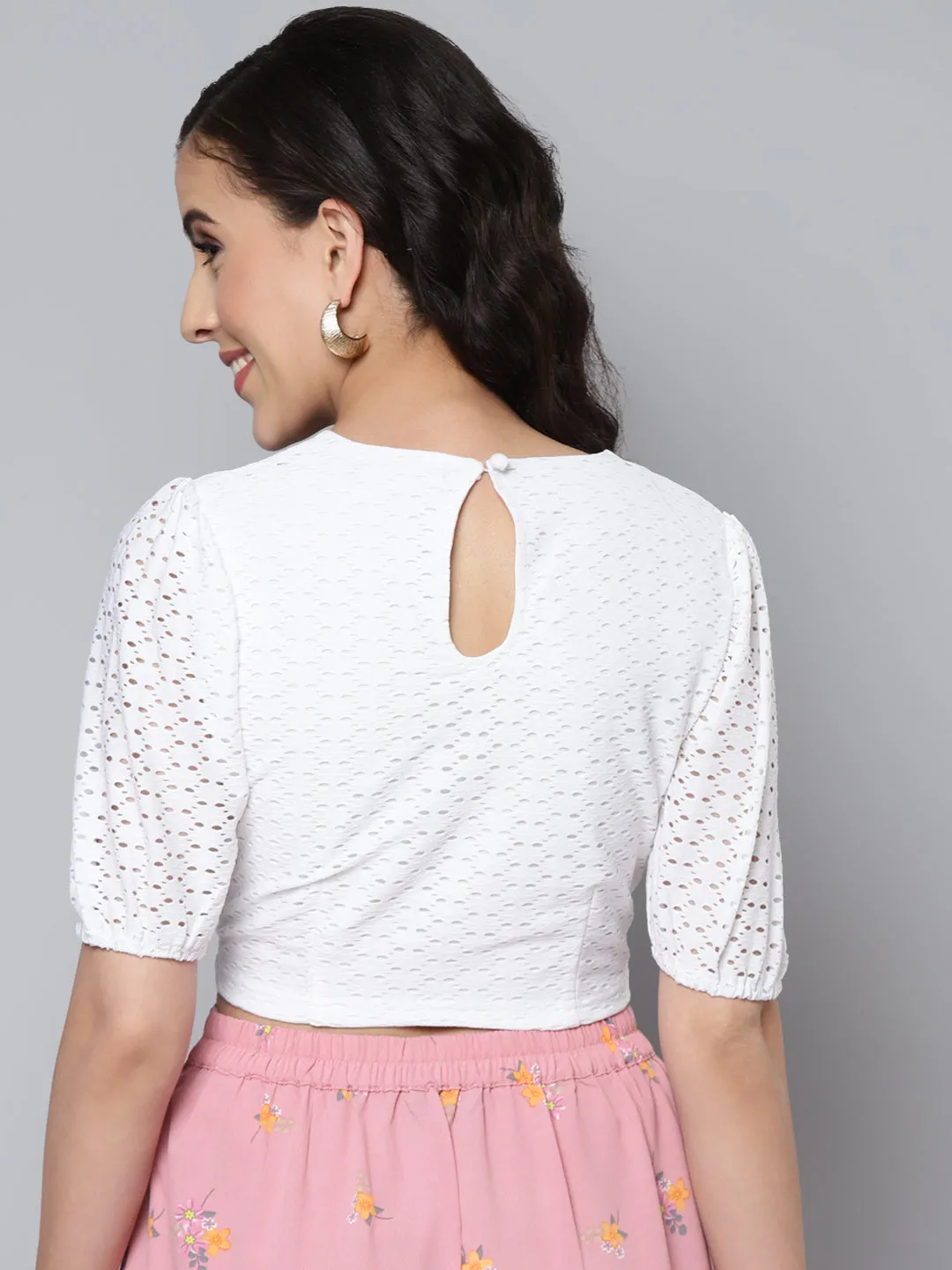 Women White Schiffli Puff Sleeves Crop Top