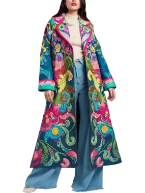 Women's Bohemian Multicolor Floral Printed Maxi Coat