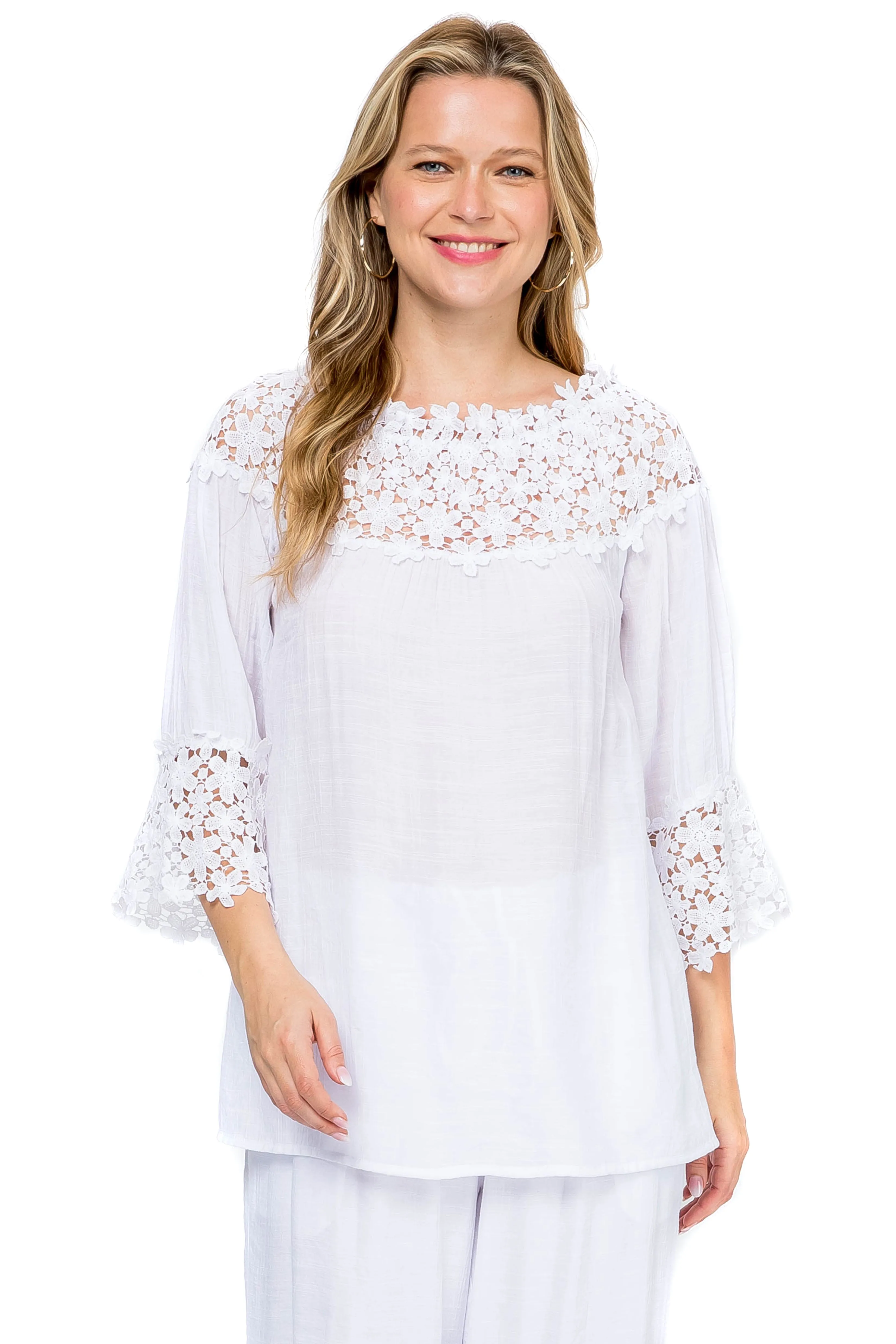 Women's Casual Crochet Trimmed Scoop Neck ¾ Sleeve Tunic Top