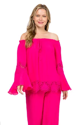 Women's Casual Drawstring Off-Shoulder Crochet Trimmed Bell Sleeve Tunic Top