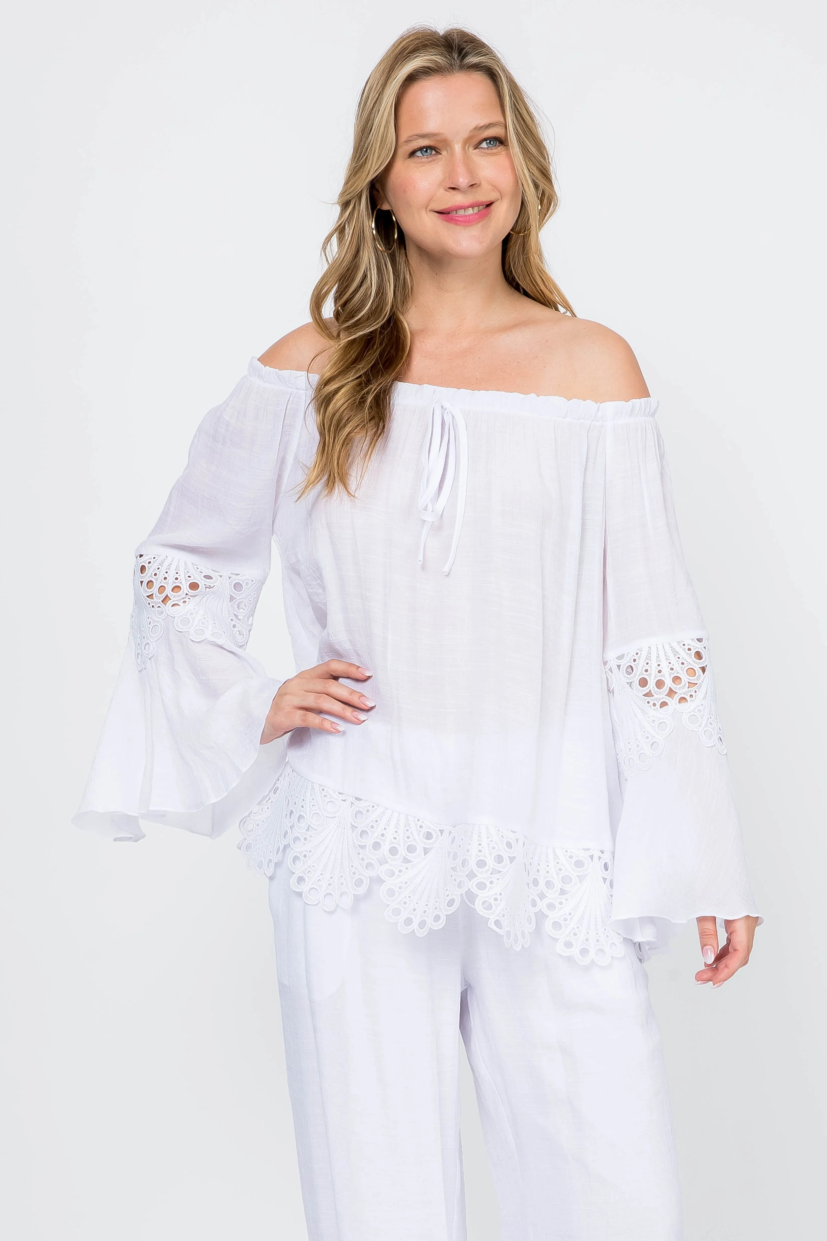 Women's Casual Drawstring Off-Shoulder Crochet Trimmed Bell Sleeve Tunic Top