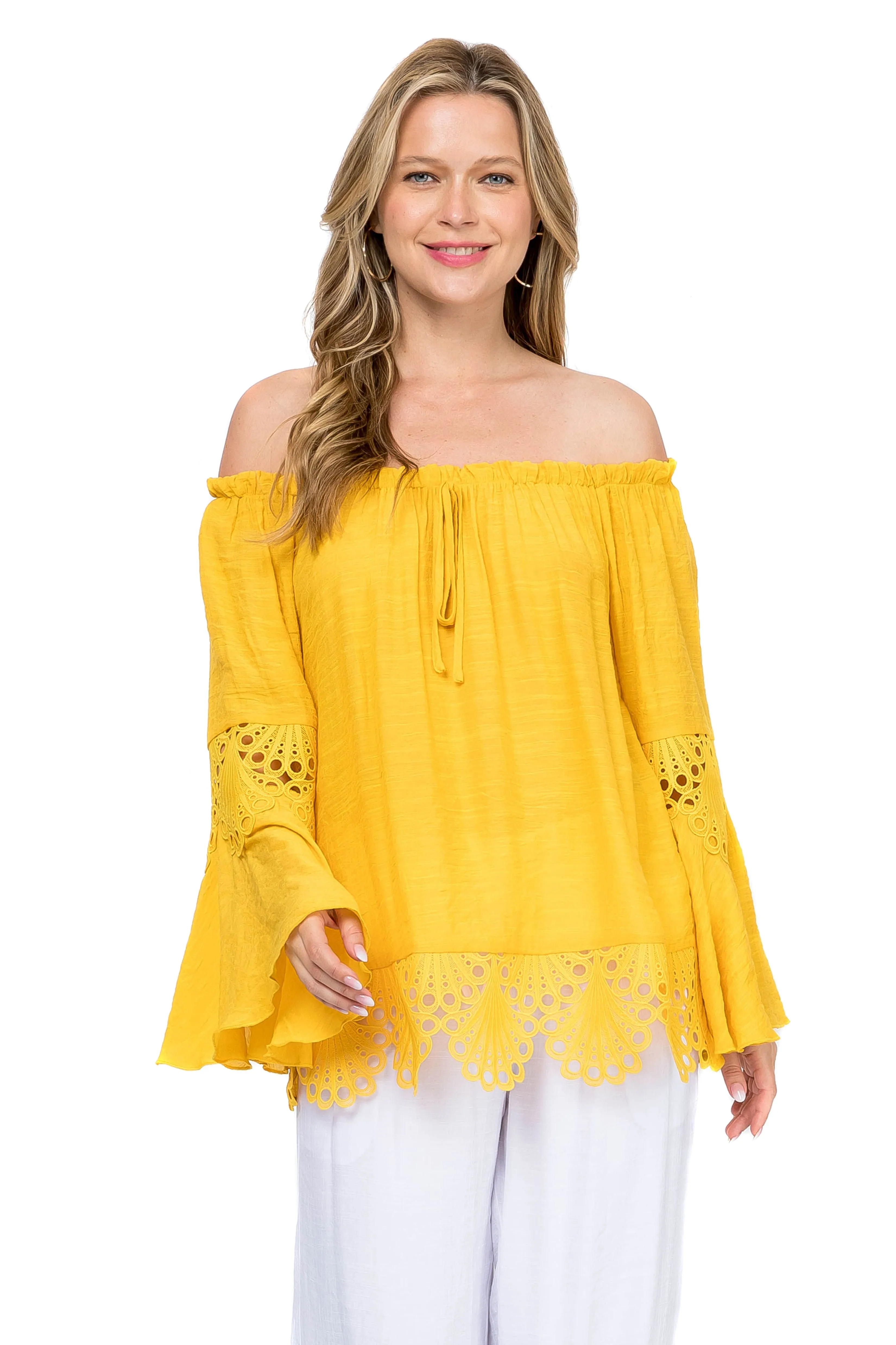 Women's Casual Drawstring Off-Shoulder Crochet Trimmed Bell Sleeve Tunic Top