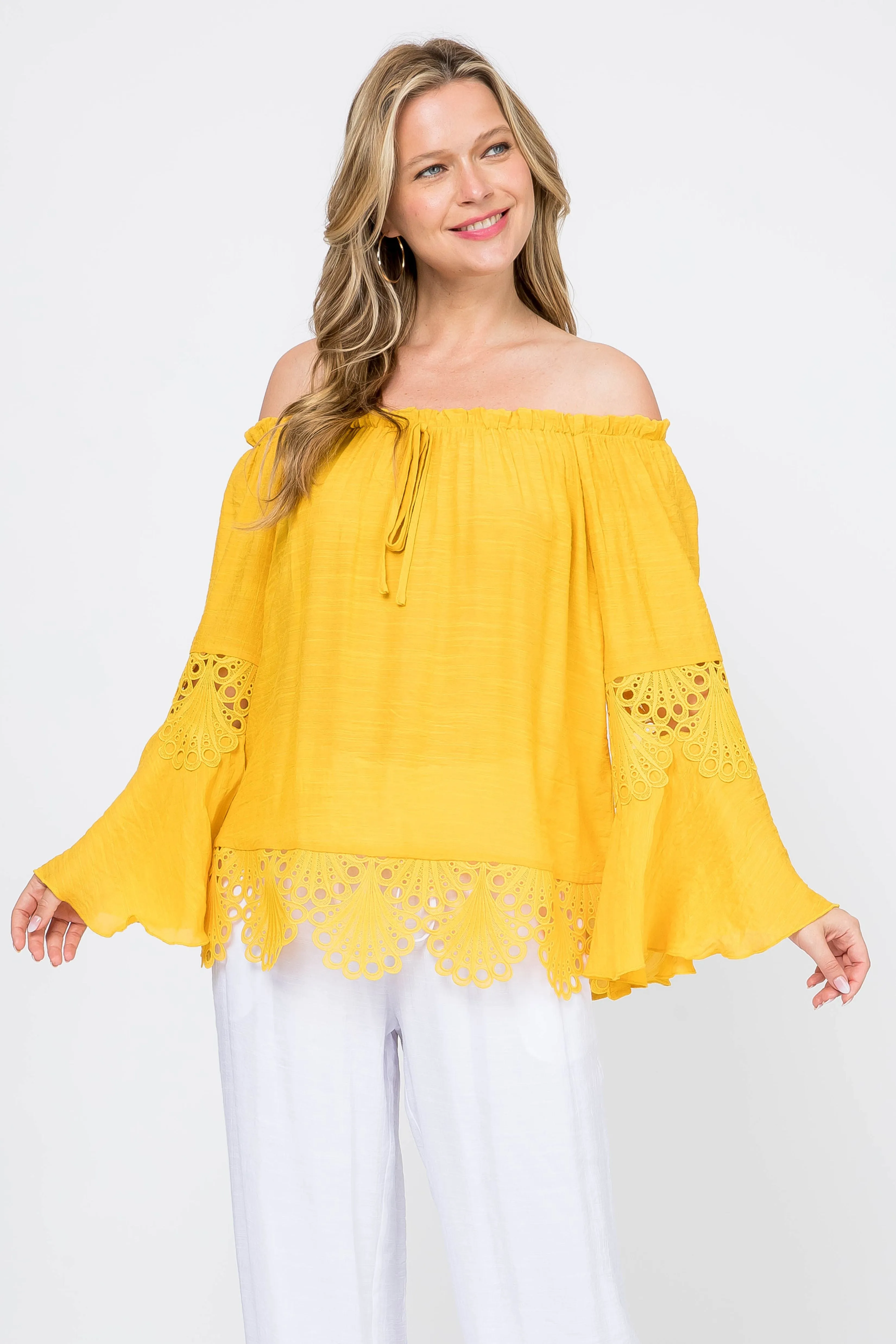 Women's Casual Drawstring Off-Shoulder Crochet Trimmed Bell Sleeve Tunic Top