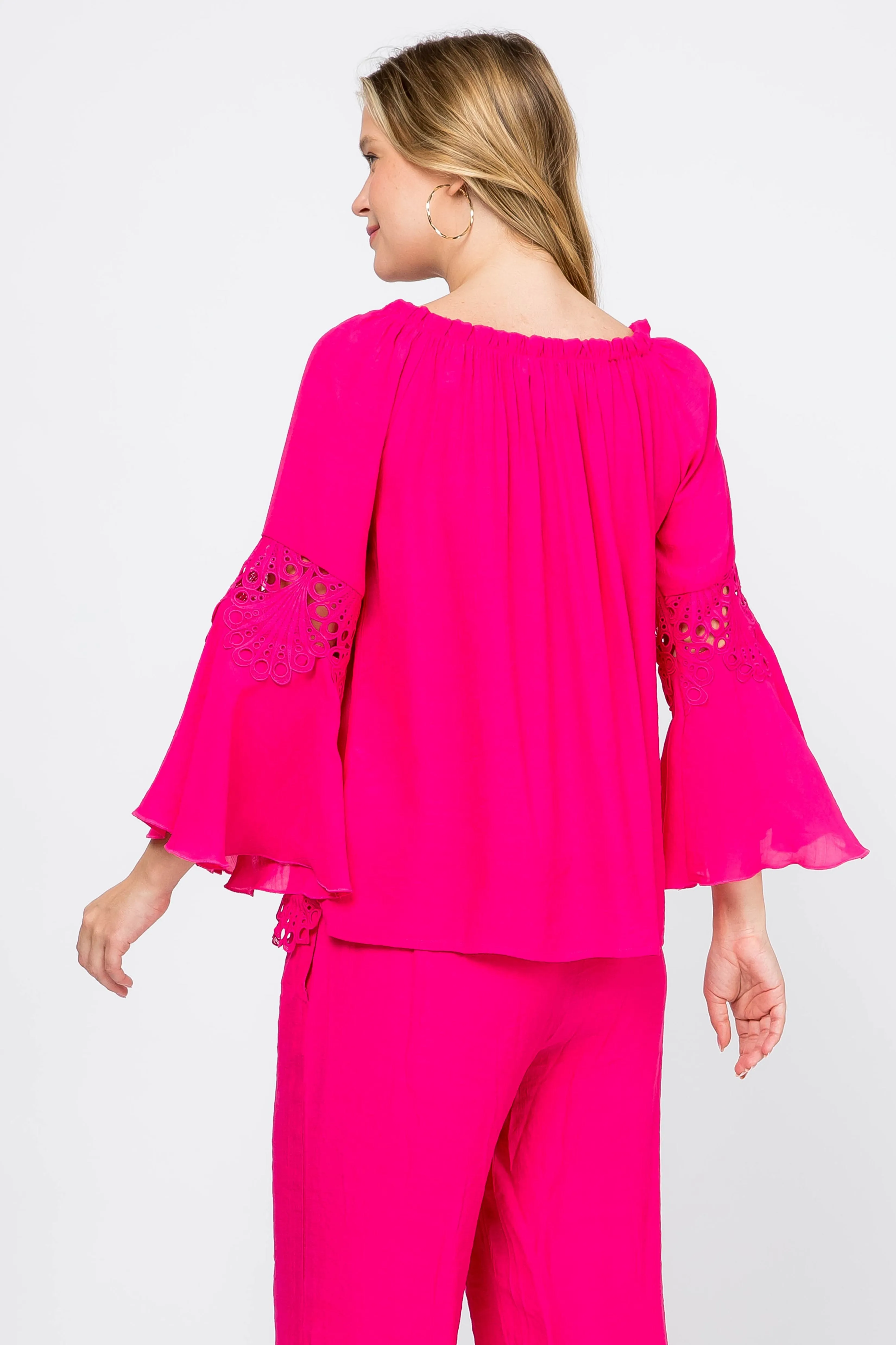 Women's Casual Drawstring Off-Shoulder Crochet Trimmed Bell Sleeve Tunic Top