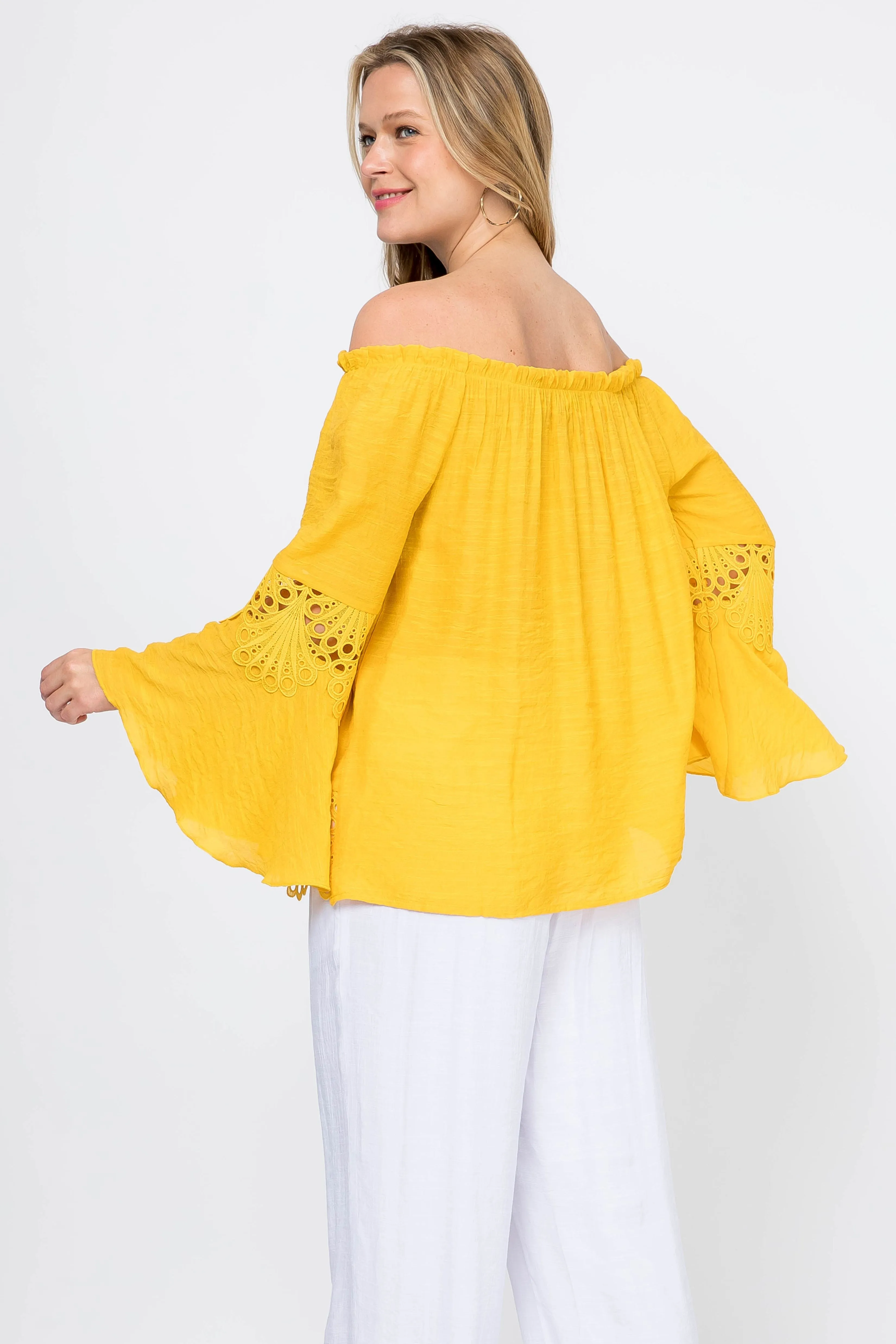 Women's Casual Drawstring Off-Shoulder Crochet Trimmed Bell Sleeve Tunic Top