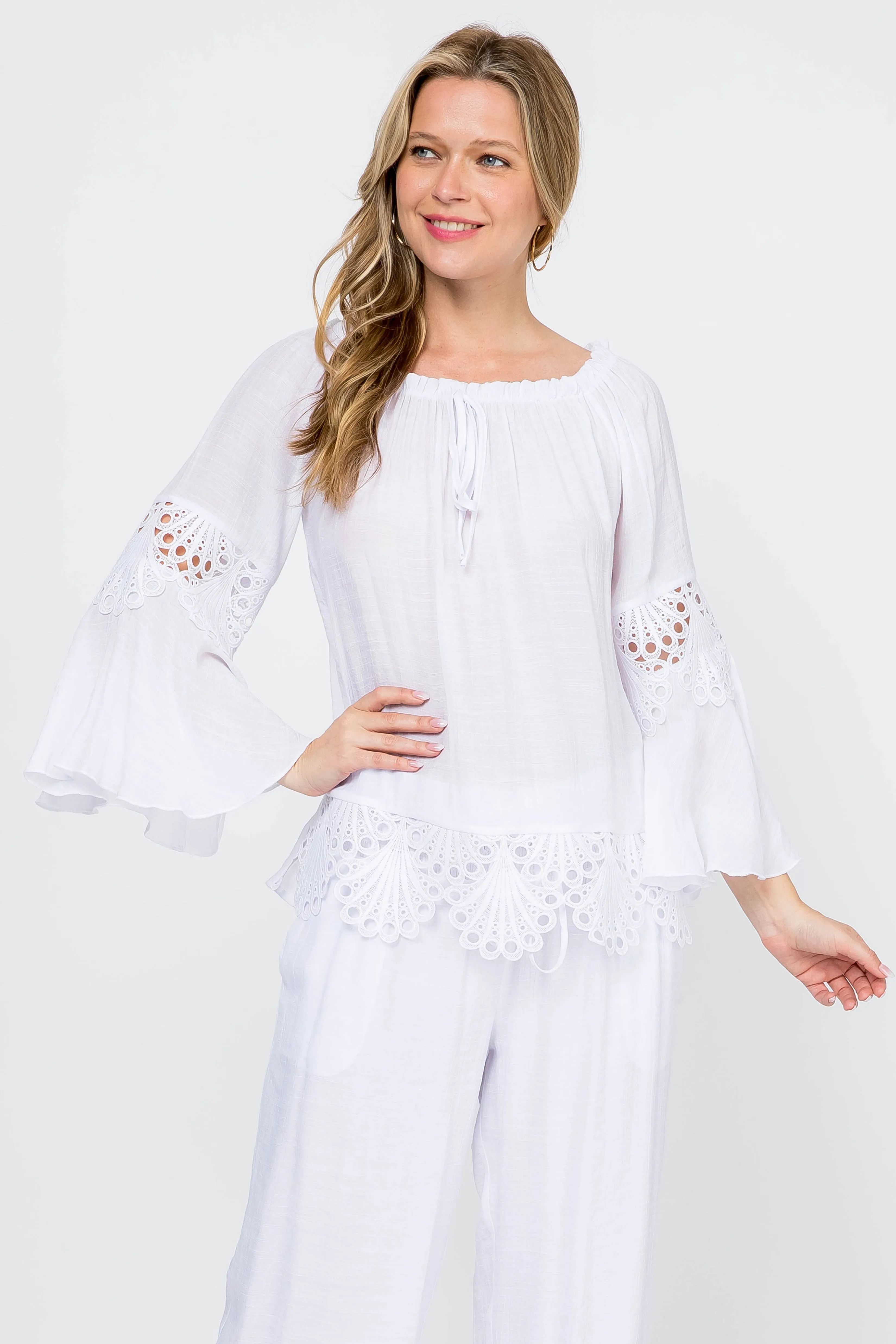 Women's Casual Drawstring Off-Shoulder Crochet Trimmed Bell Sleeve Tunic Top