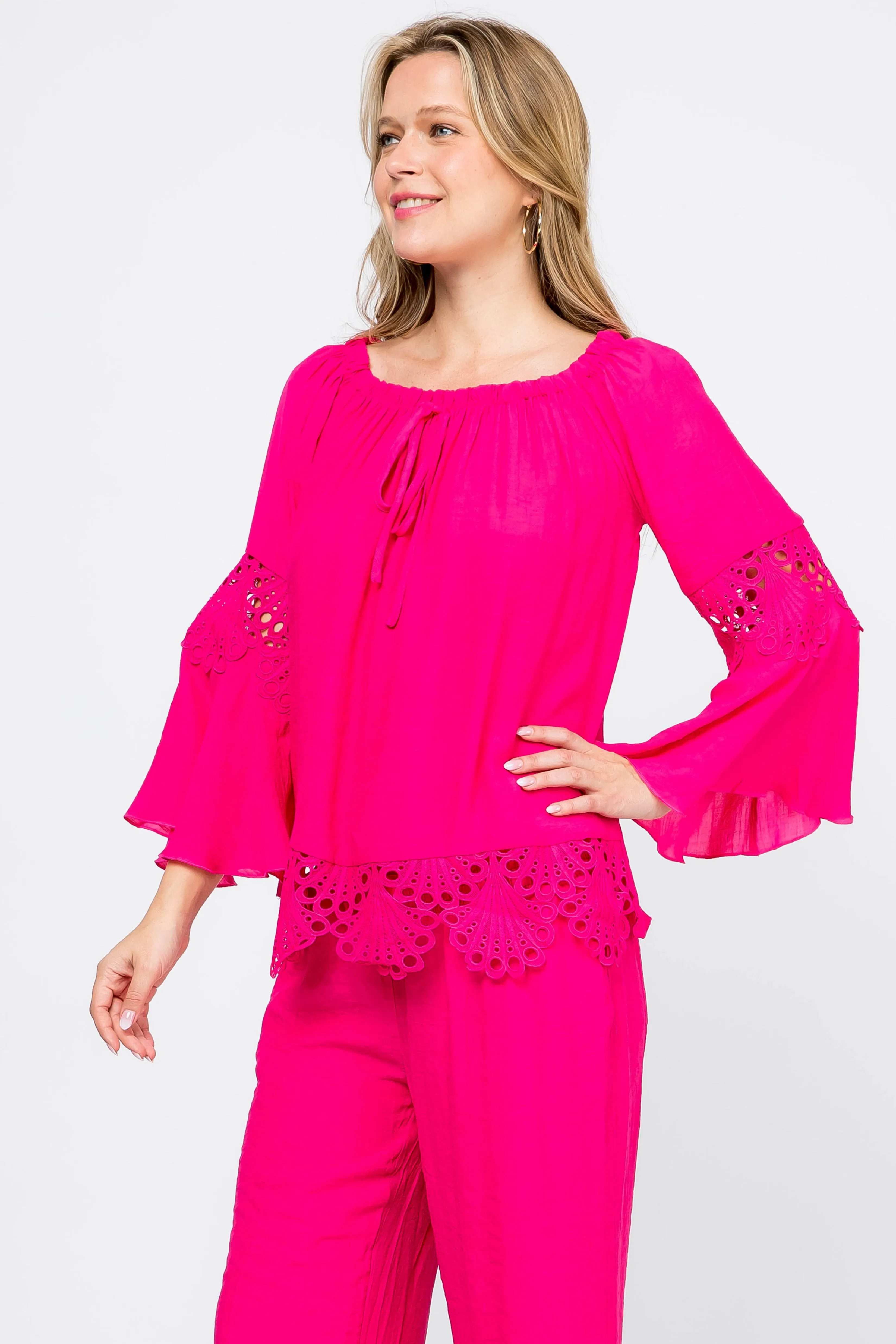 Women's Casual Drawstring Off-Shoulder Crochet Trimmed Bell Sleeve Tunic Top