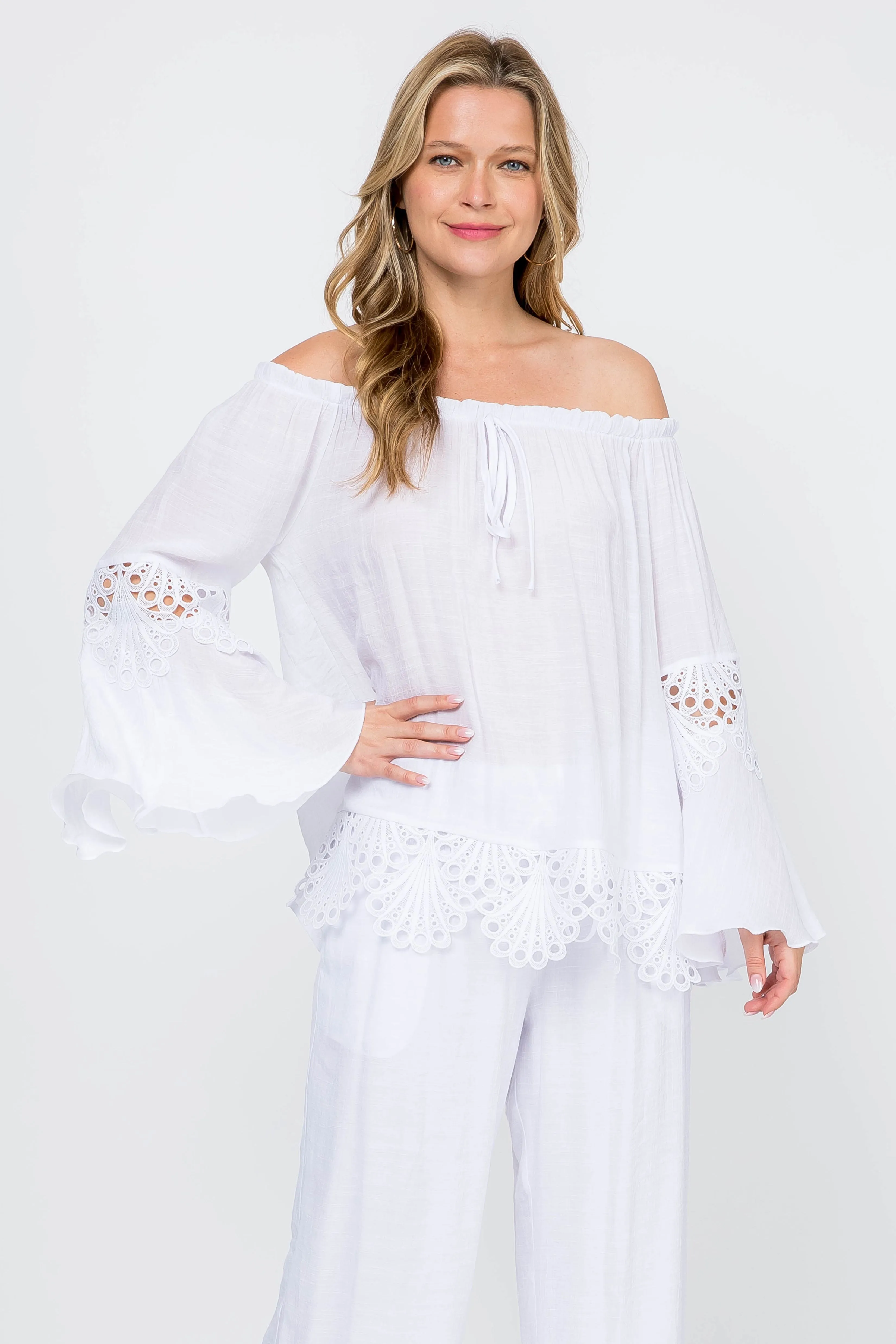 Women's Casual Drawstring Off-Shoulder Crochet Trimmed Bell Sleeve Tunic Top