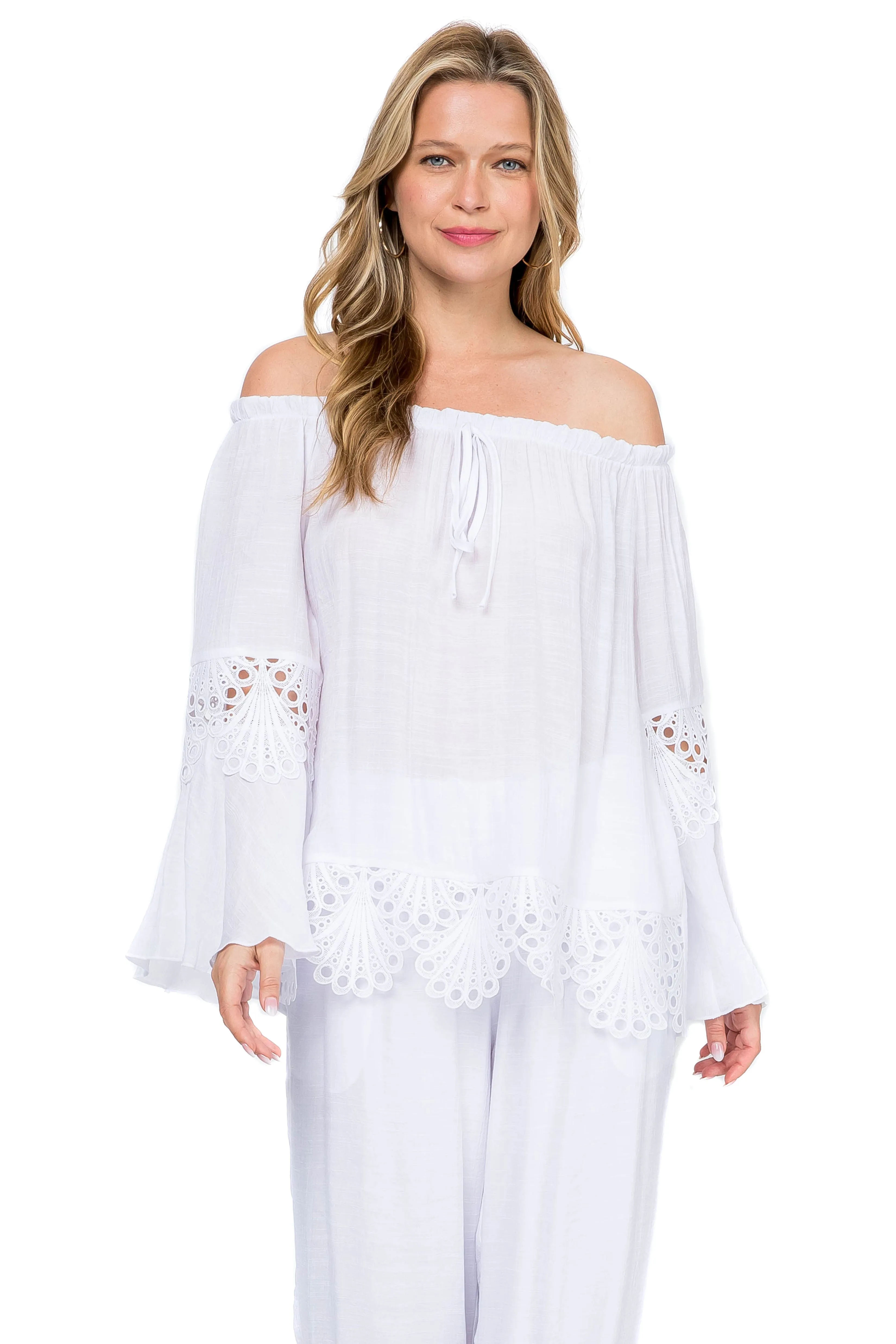 Women's Casual Drawstring Off-Shoulder Crochet Trimmed Bell Sleeve Tunic Top