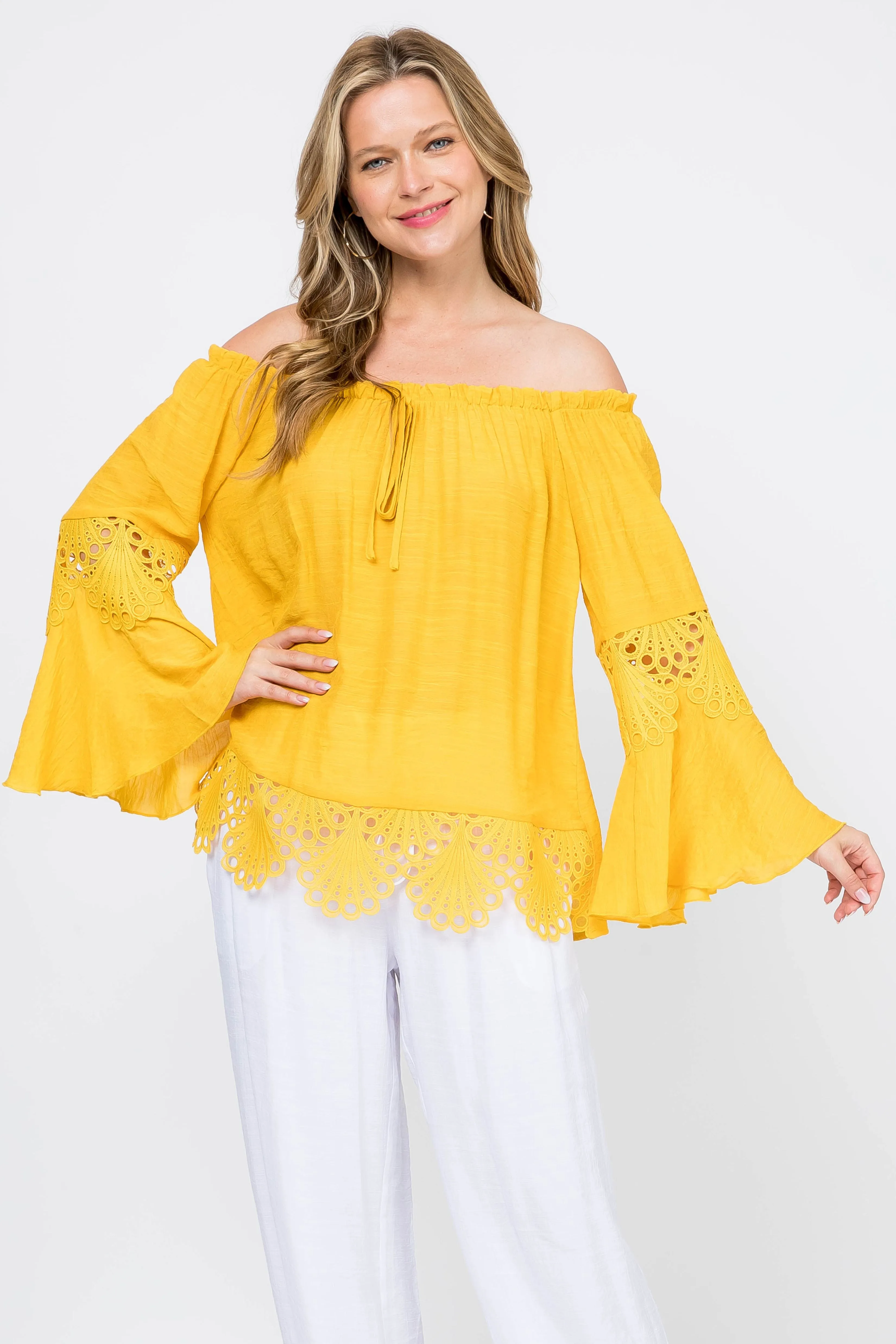 Women's Casual Drawstring Off-Shoulder Crochet Trimmed Bell Sleeve Tunic Top