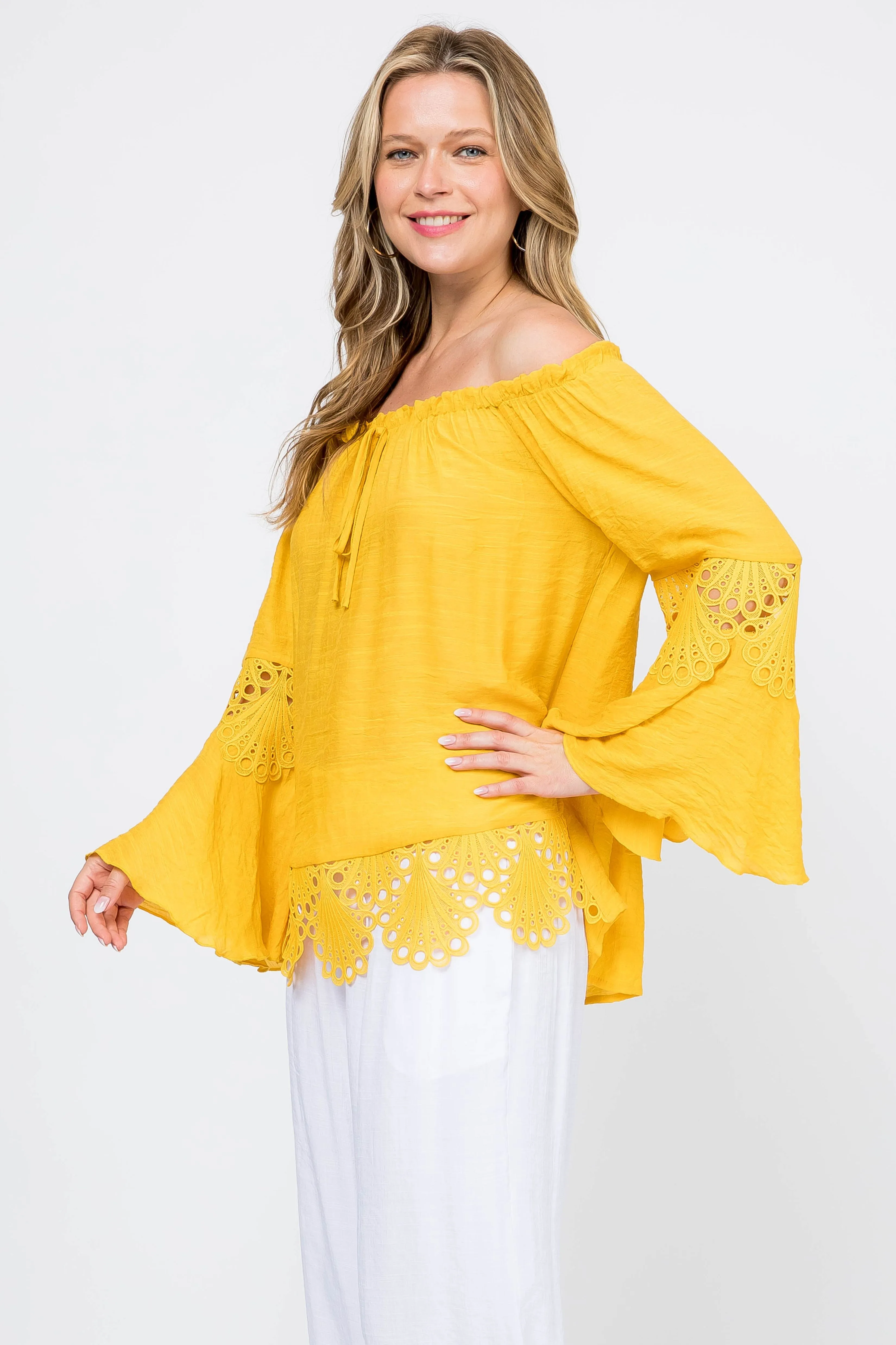 Women's Casual Drawstring Off-Shoulder Crochet Trimmed Bell Sleeve Tunic Top