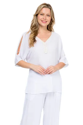 Women's Casual Embroidered V Neckline  ¾ Side Slit Sleeves Tunic Top