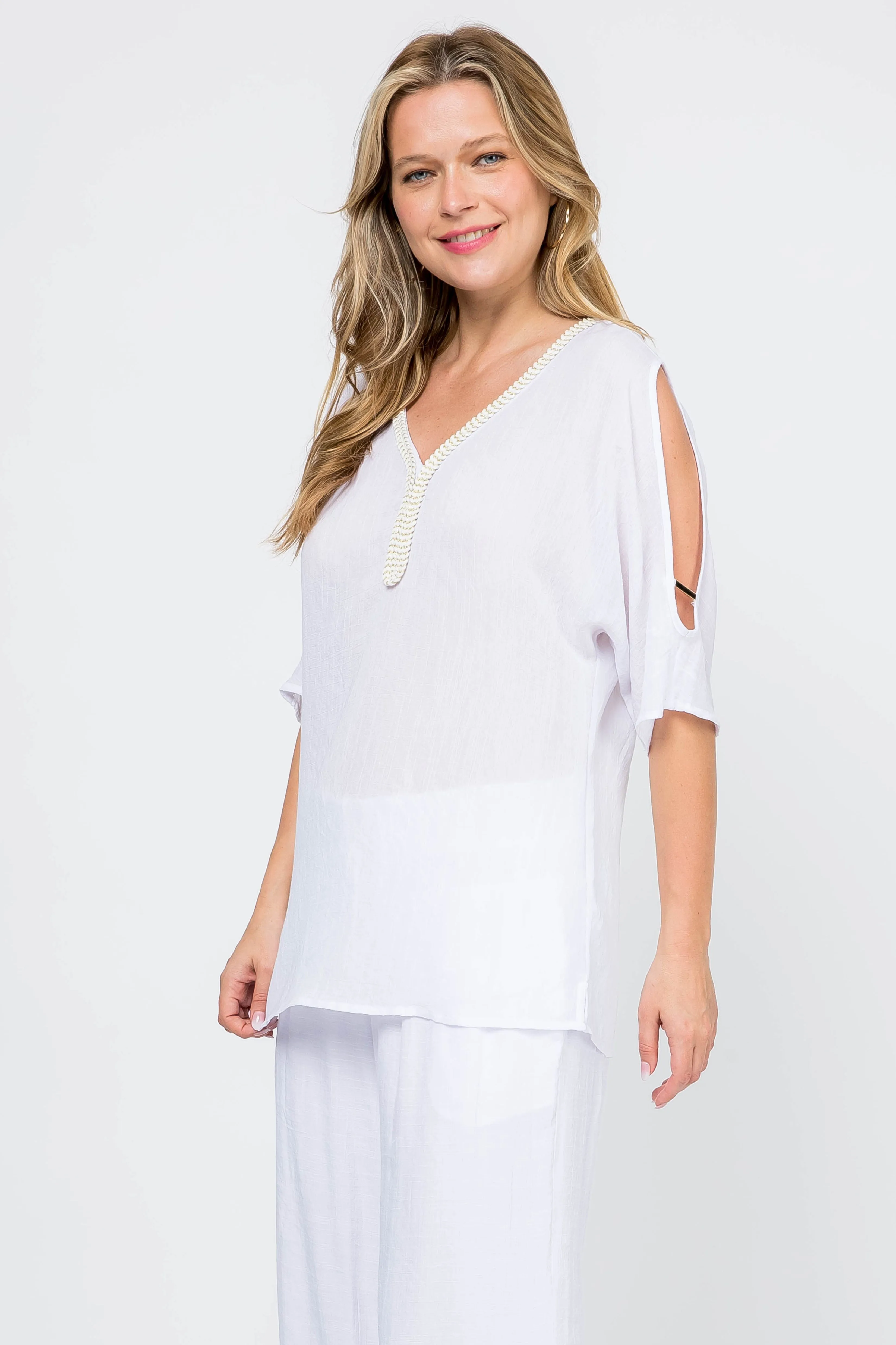 Women's Casual Embroidered V Neckline  ¾ Side Slit Sleeves Tunic Top