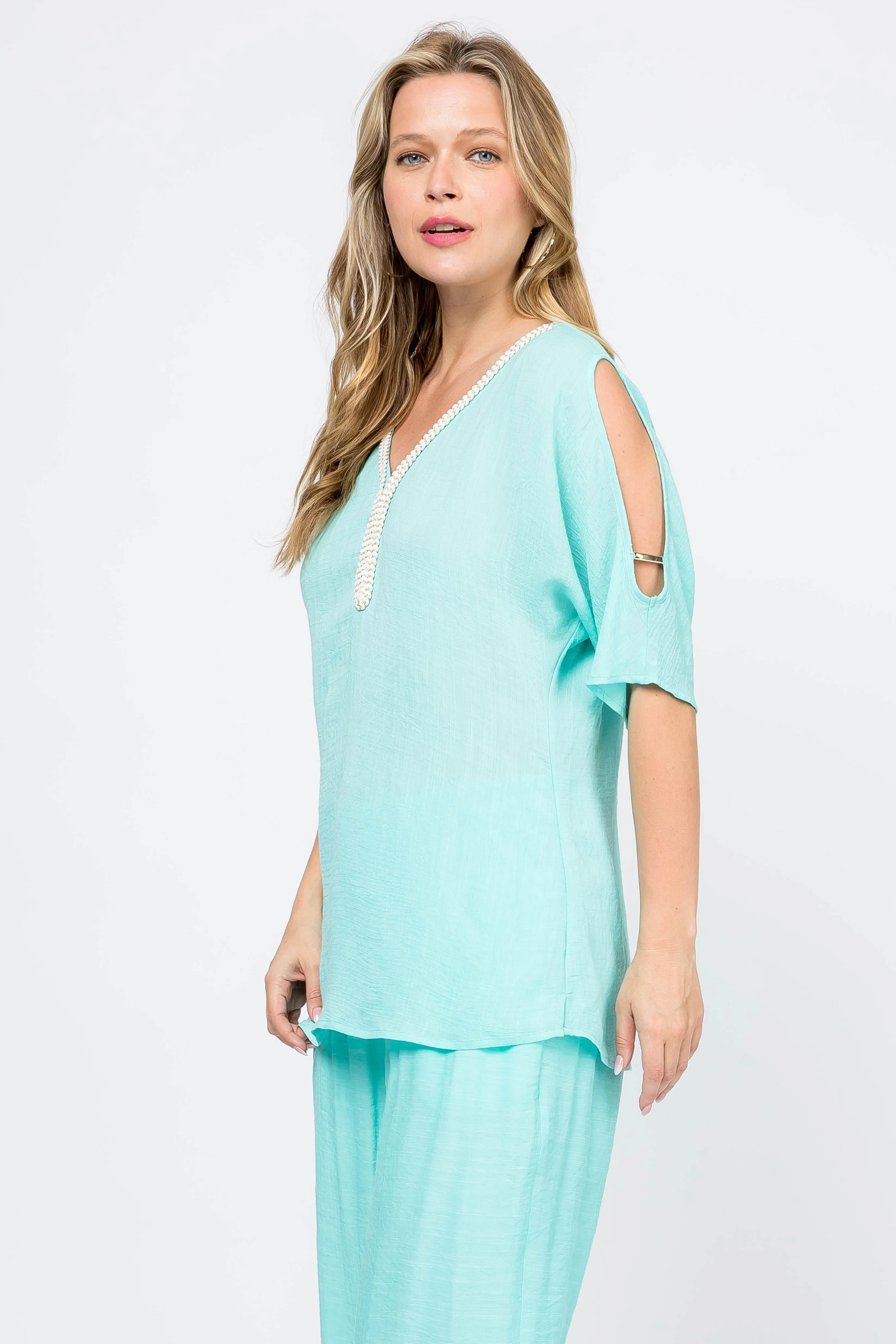 Women's Casual Embroidered V Neckline  ¾ Side Slit Sleeves Tunic Top