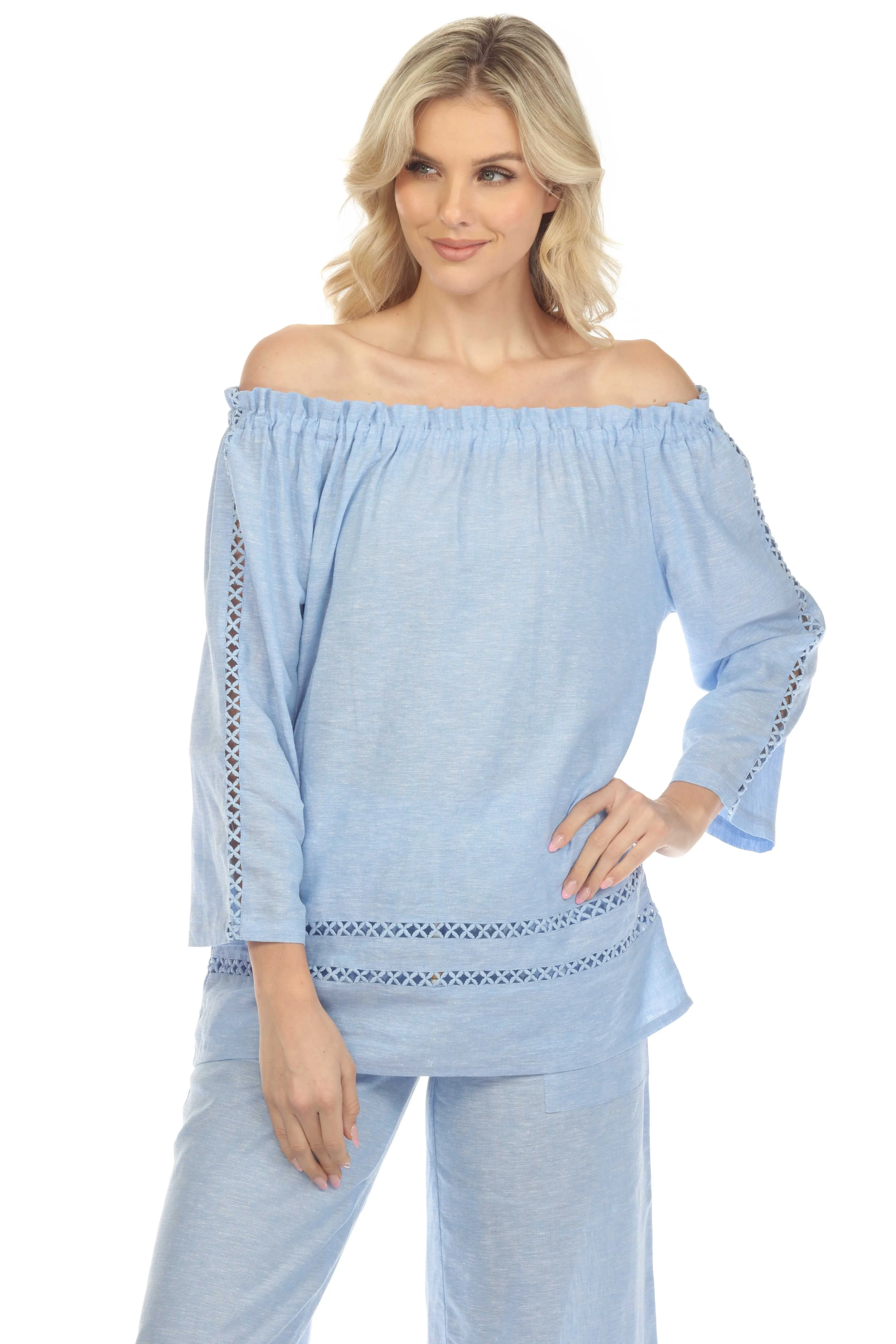 Women's Casual Resort Wear Off-Shoulder Cut Out Trim Long Sleeve Linen Blend Tunic Top