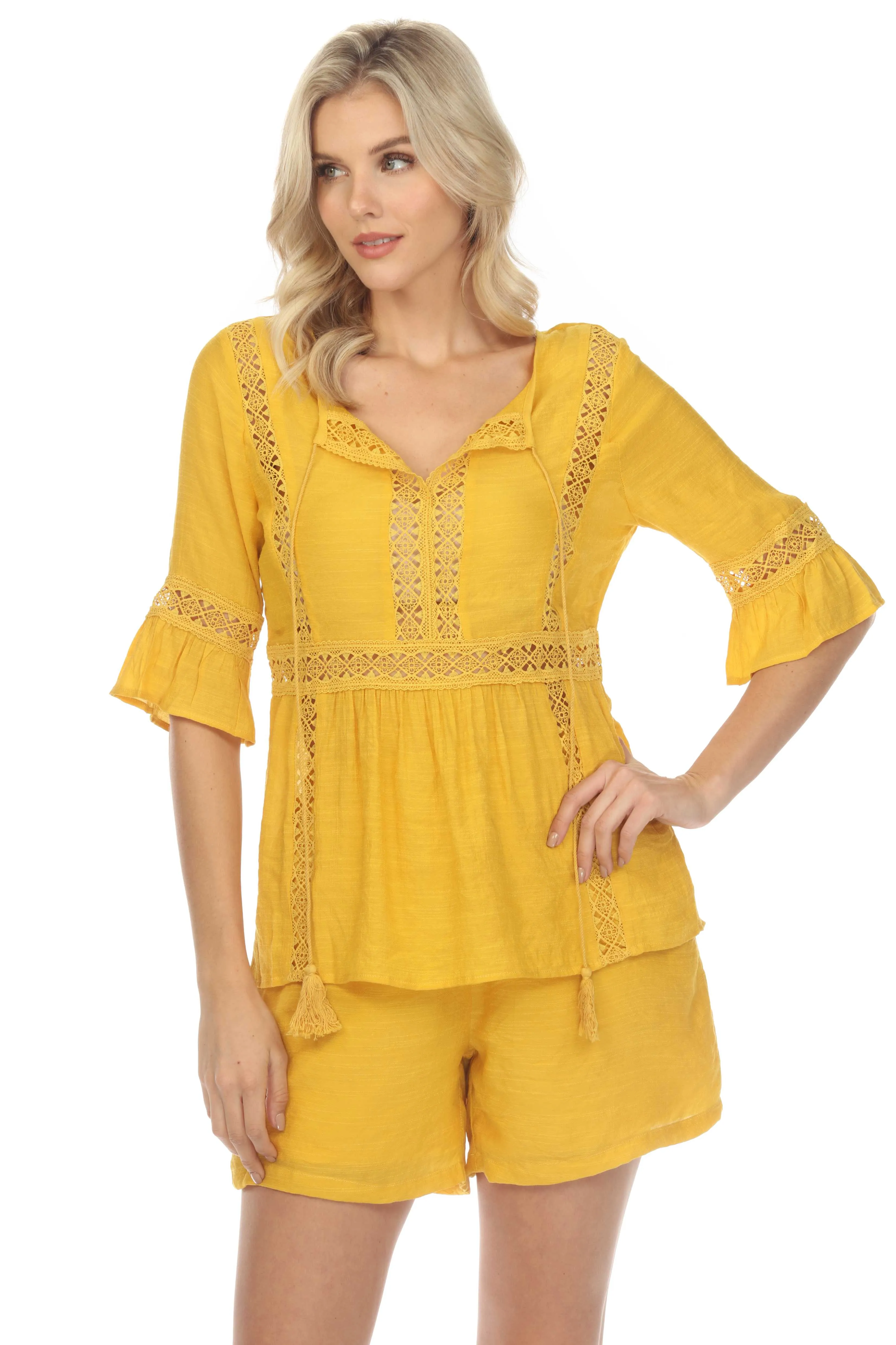 Women's Casual Resort Wear Scoop Neck Crochet Trim ¾ Ruffle Sleeve Tunic Top with Tassel Drawstring