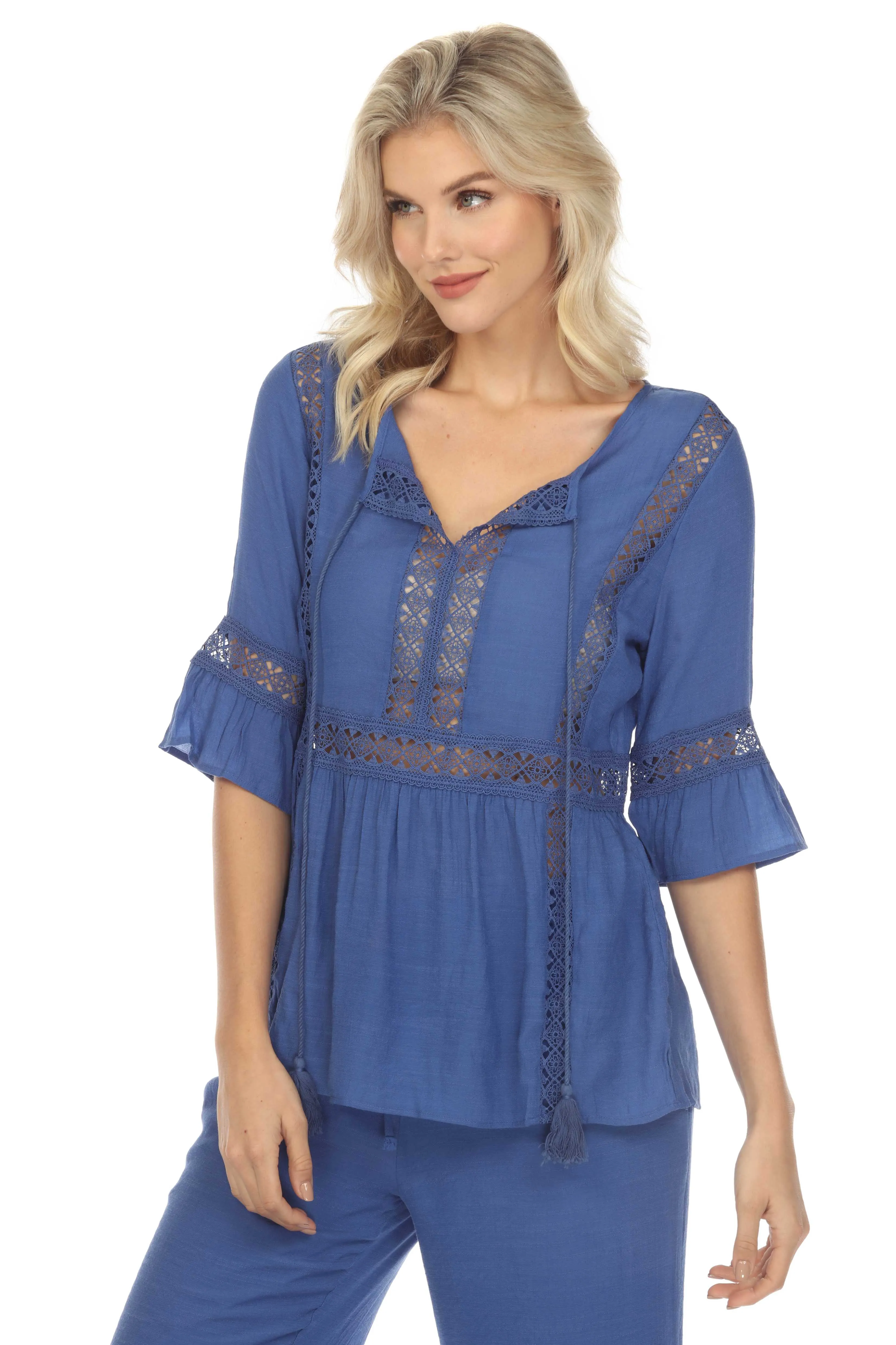 Women's Casual Resort Wear Scoop Neck Crochet Trim ¾ Ruffle Sleeve Tunic Top with Tassel Drawstring