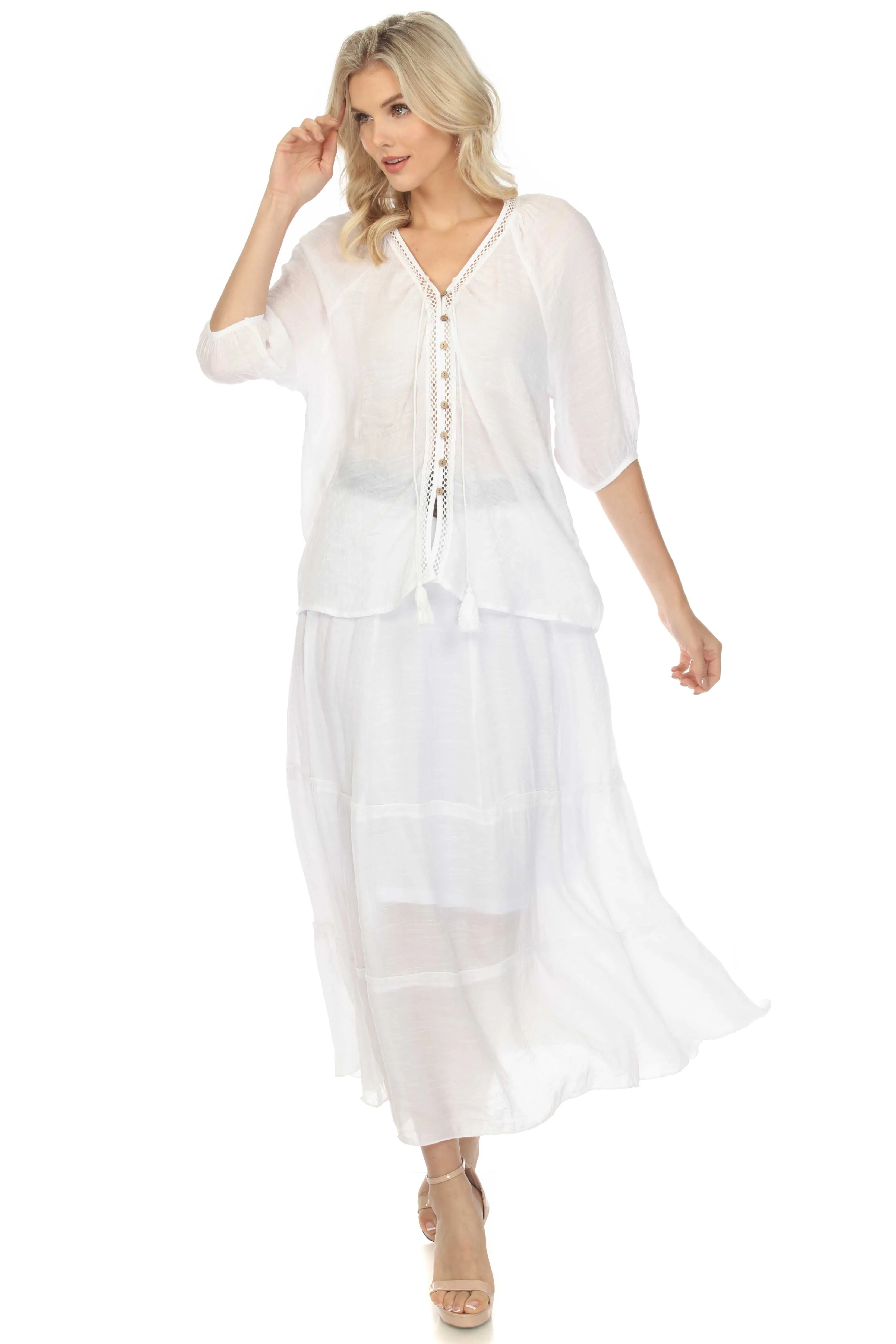 Women's Casual Resort Wear V-Neck Button Down Cutout Trim ¾ Sleeve Tunic Top with Tassel Drawstring