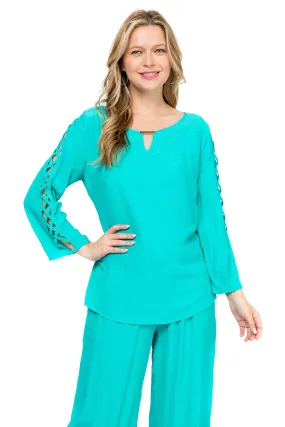 Women's Casual Scoop Neck Caged Trimmed Slit Sleeve Tunic Top