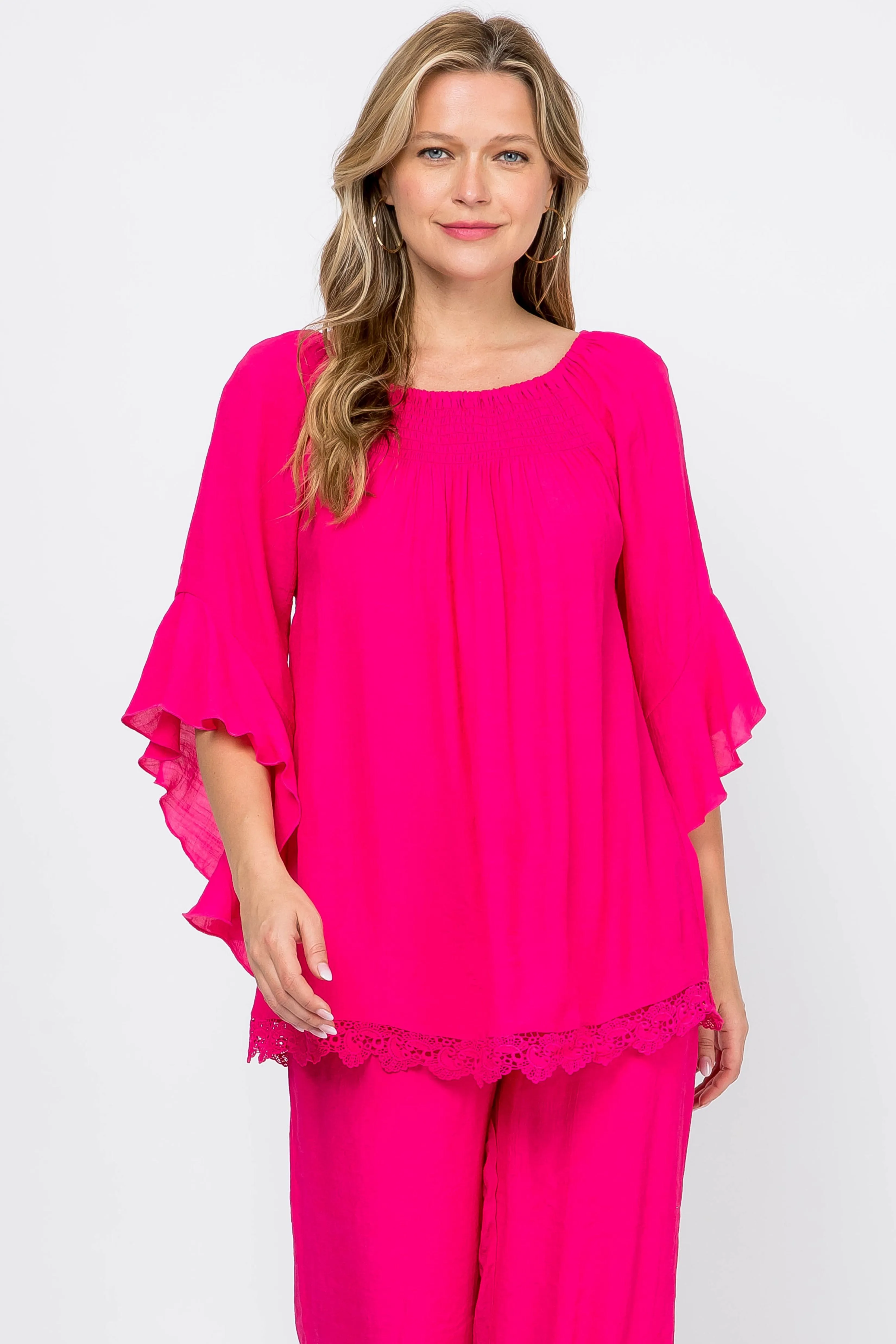 Women's Casual Smocked Neckline Crochet Trimmed Hem and ¾ Flared Sleeve Tunic Top