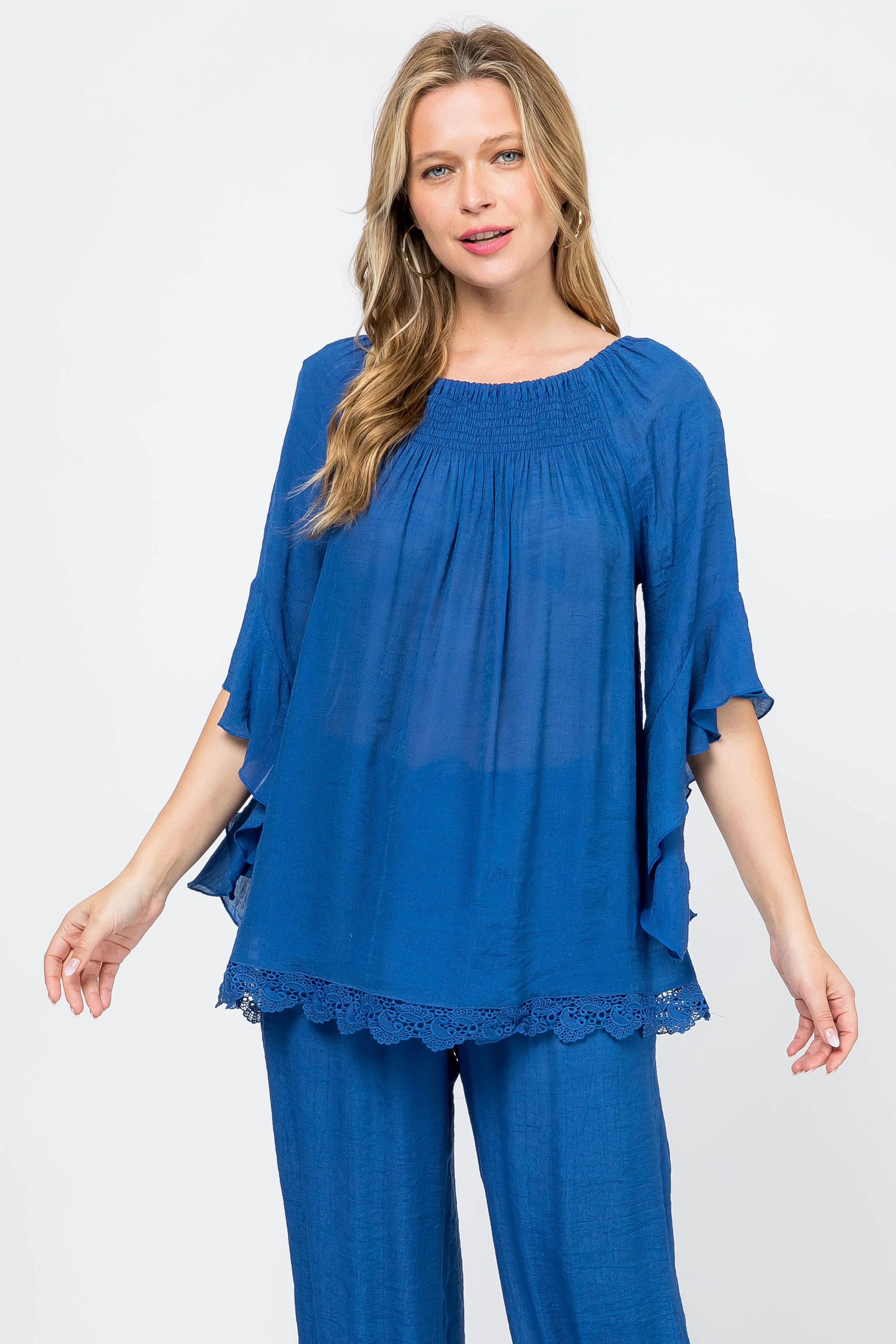 Women's Casual Smocked Neckline Crochet Trimmed Hem and ¾ Flared Sleeve Tunic Top