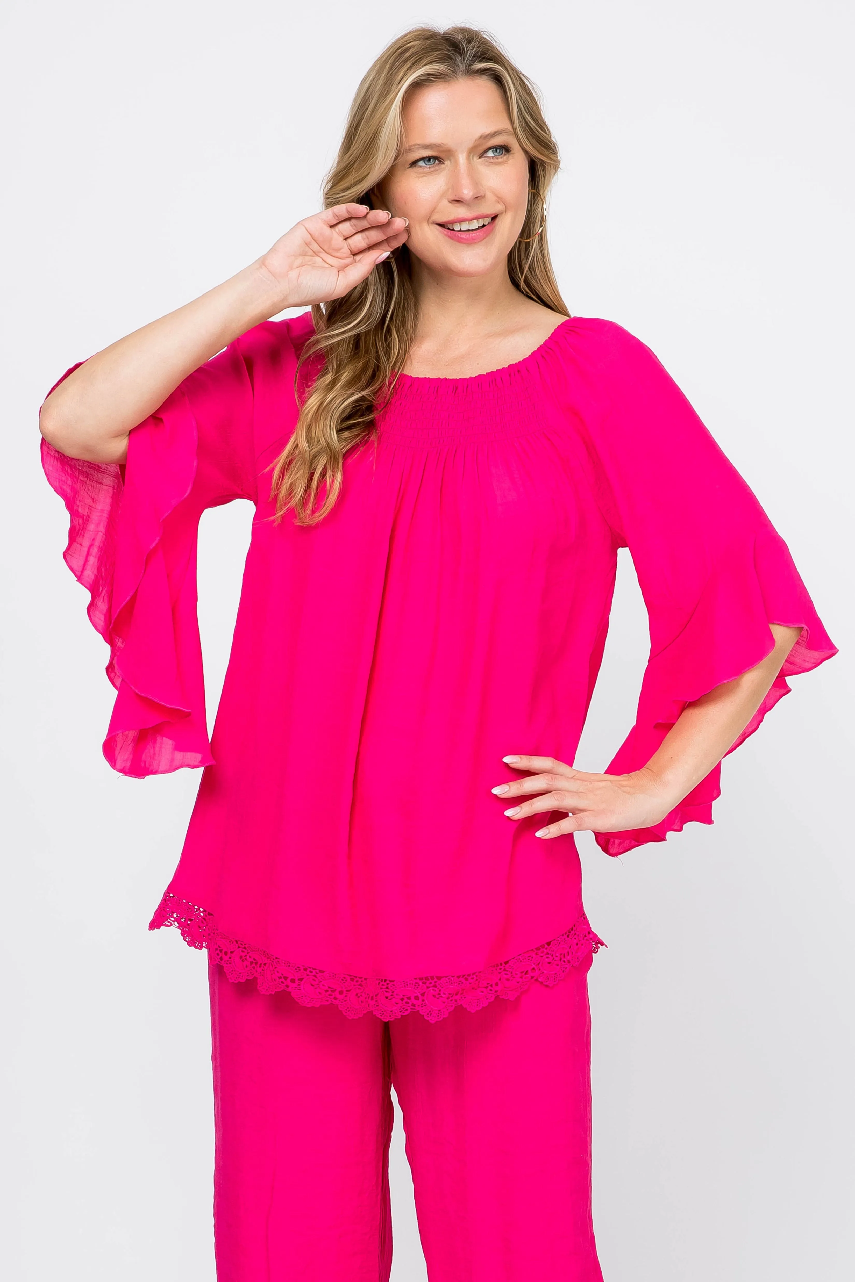 Women's Casual Smocked Neckline Crochet Trimmed Hem and ¾ Flared Sleeve Tunic Top