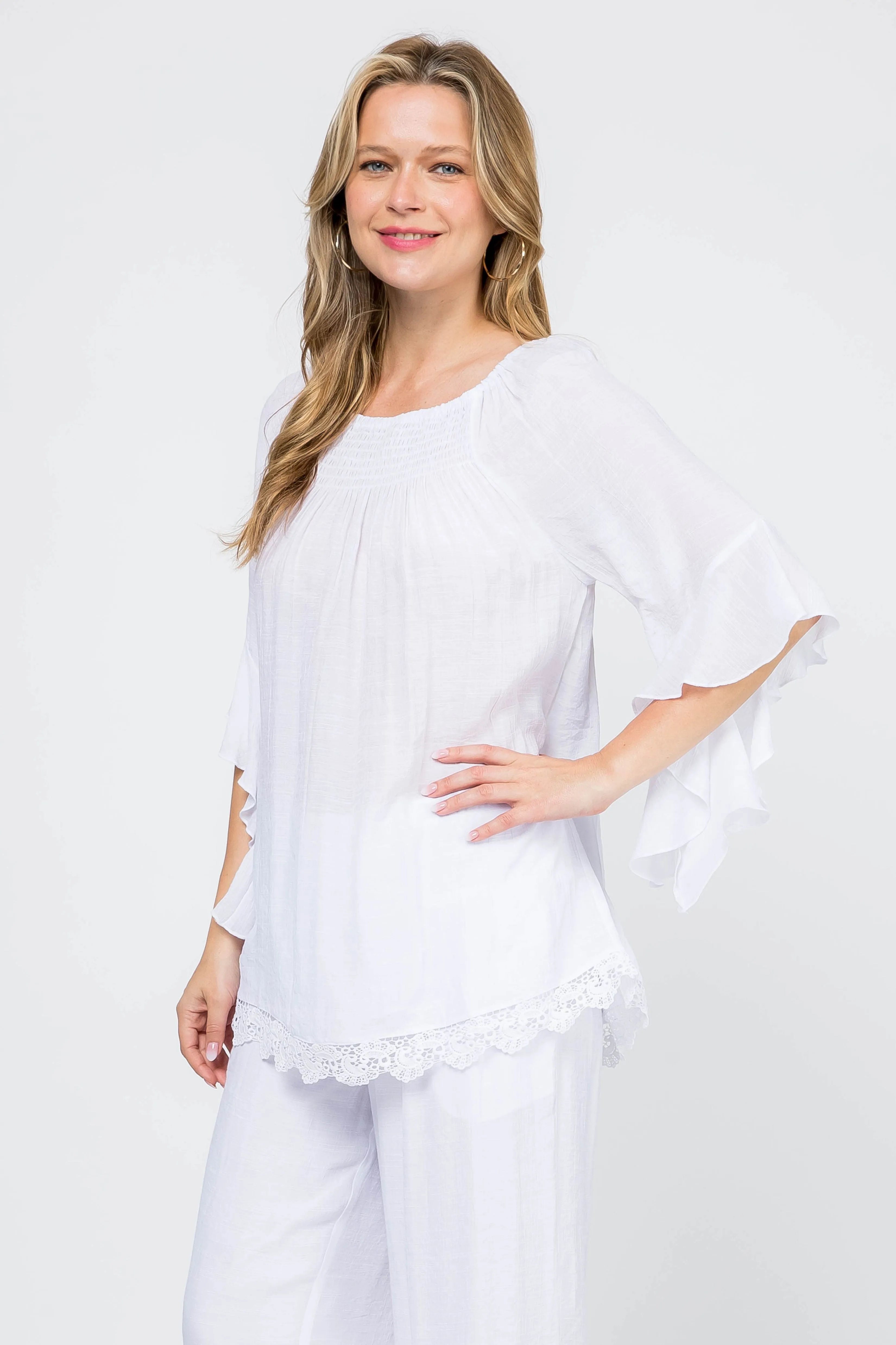 Women's Casual Smocked Neckline Crochet Trimmed Hem and ¾ Flared Sleeve Tunic Top