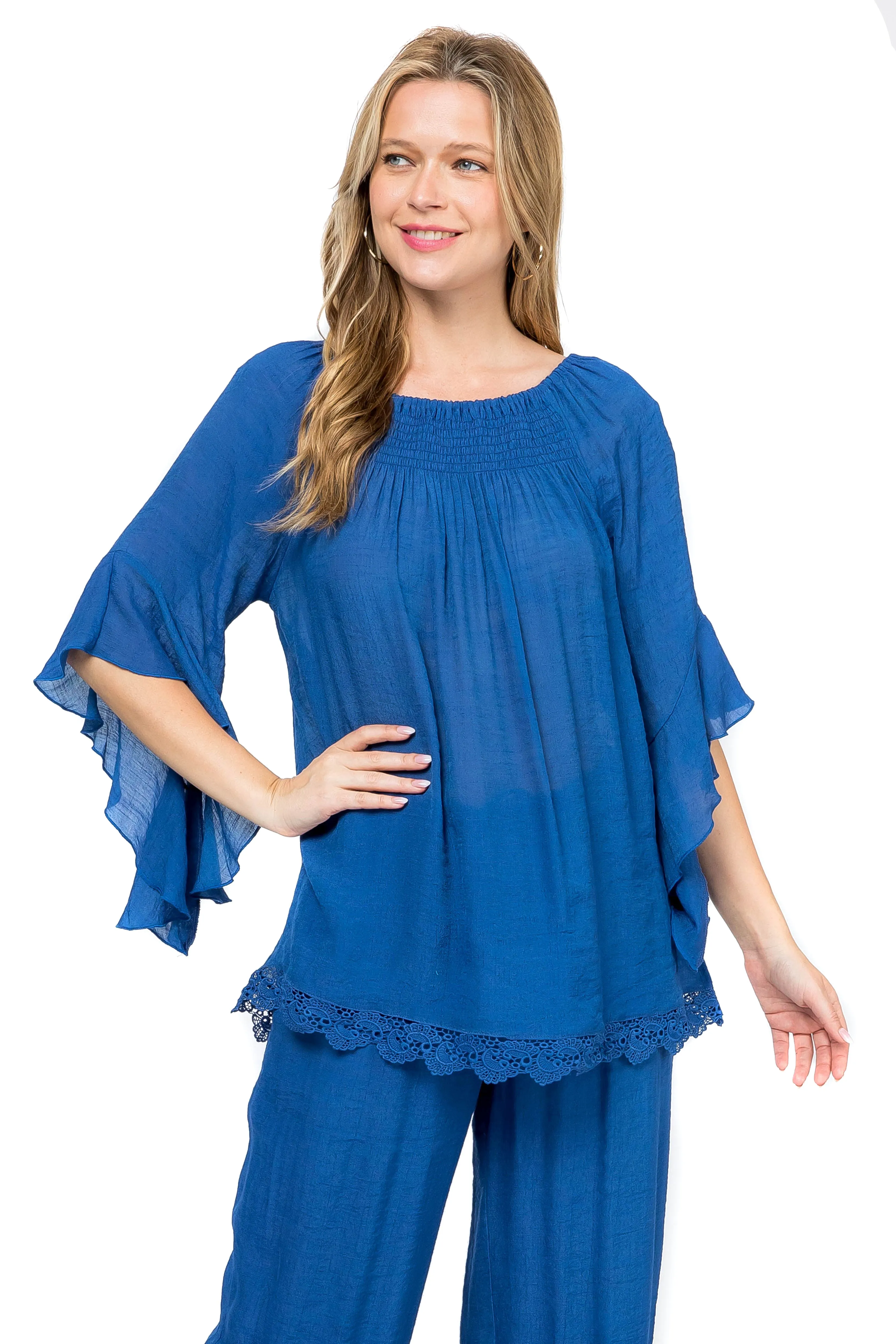 Women's Casual Smocked Neckline Crochet Trimmed Hem and ¾ Flared Sleeve Tunic Top