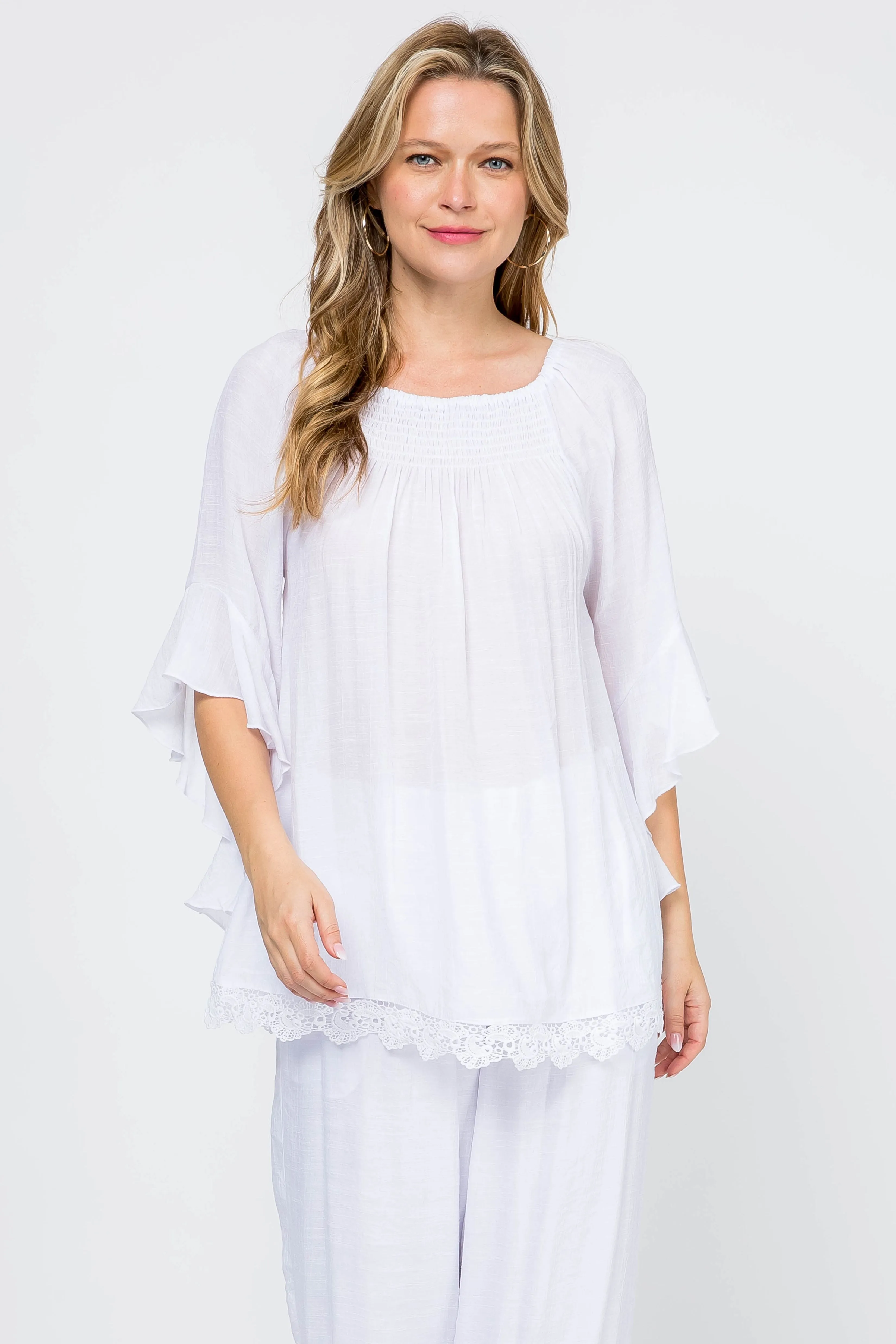 Women's Casual Smocked Neckline Crochet Trimmed Hem and ¾ Flared Sleeve Tunic Top