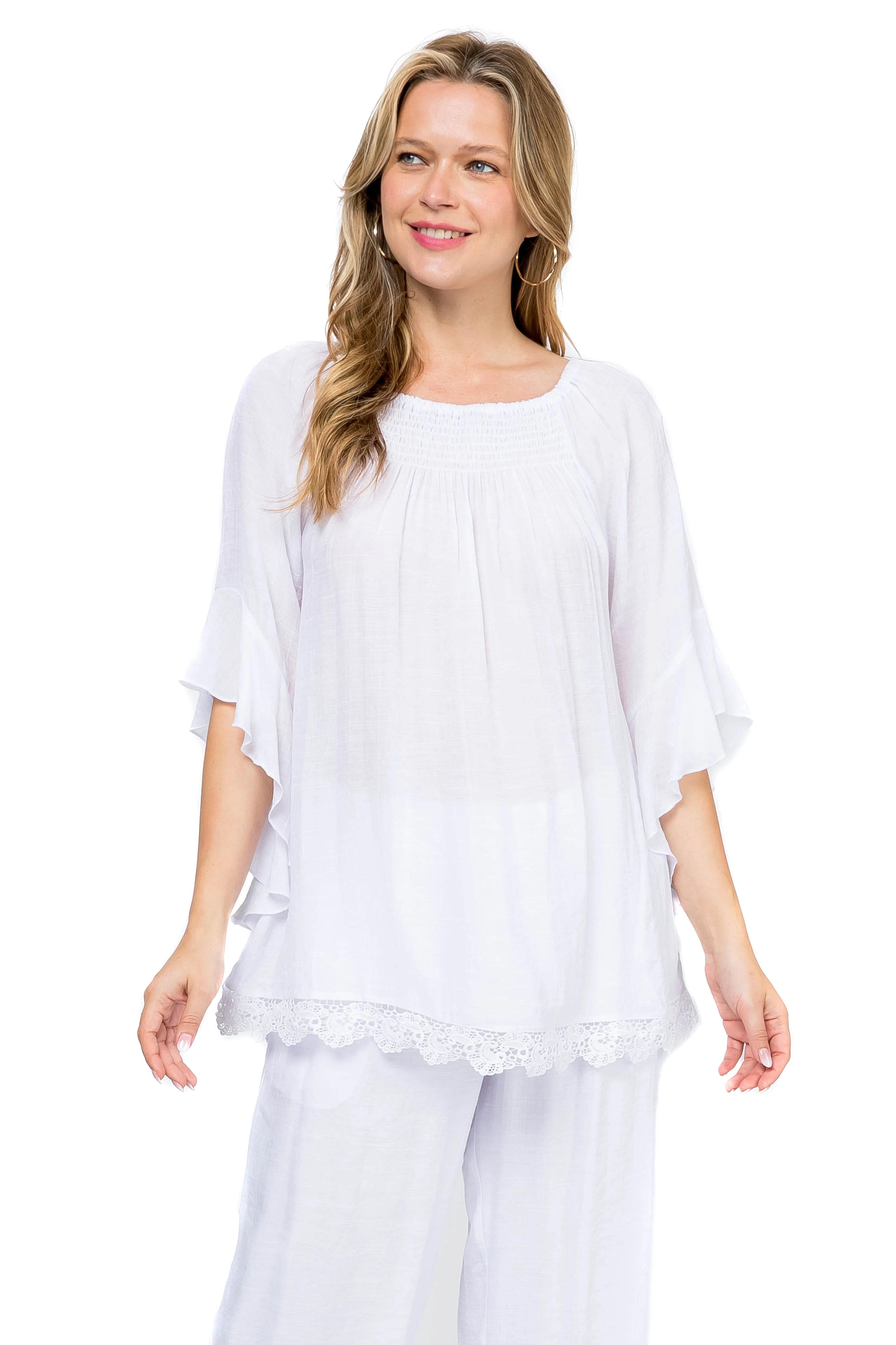 Women's Casual Smocked Neckline Crochet Trimmed Hem and ¾ Flared Sleeve Tunic Top