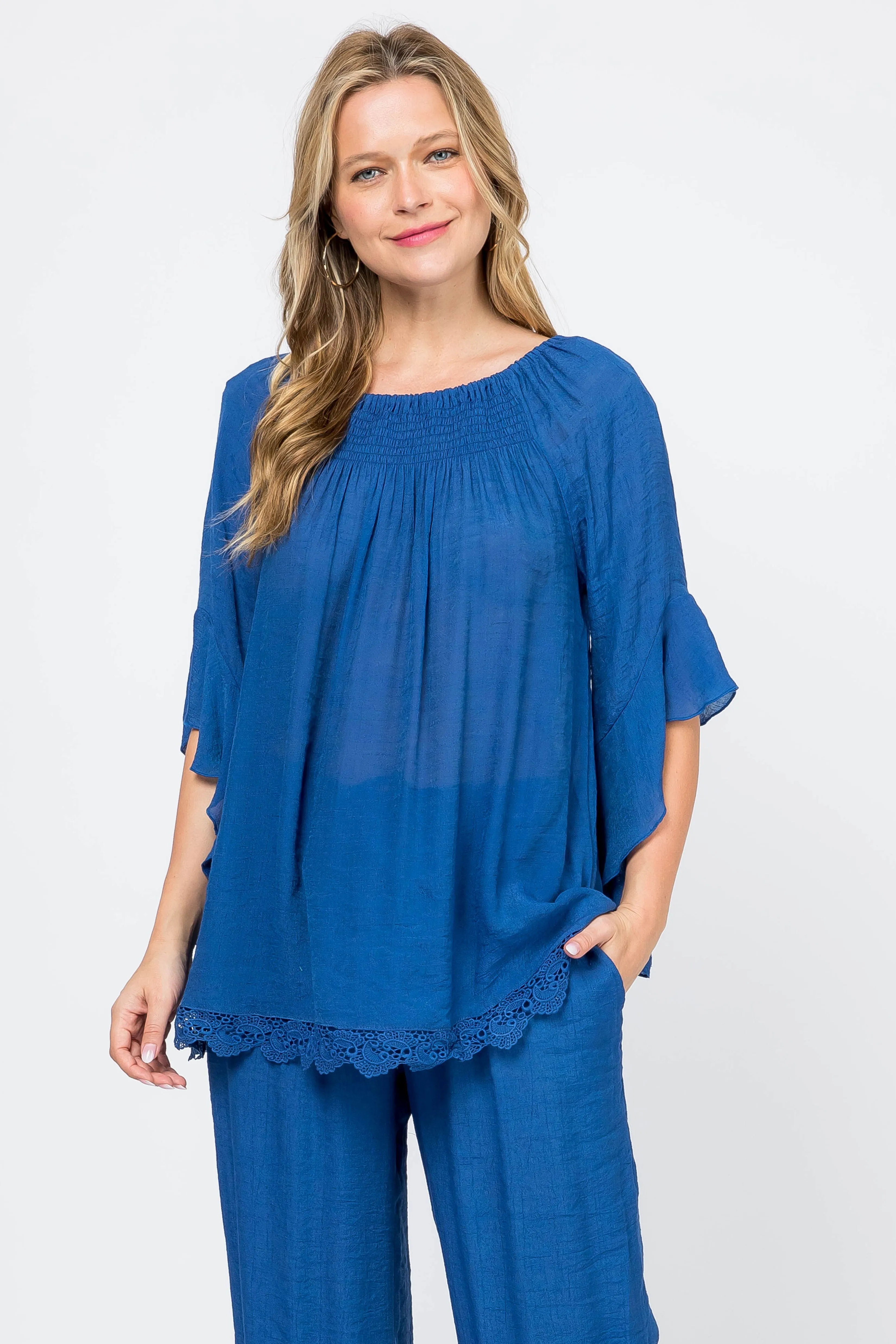 Women's Casual Smocked Neckline Crochet Trimmed Hem and ¾ Flared Sleeve Tunic Top