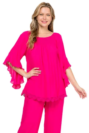 Women's Casual Smocked Neckline Crochet Trimmed Hem and ¾ Flared Sleeve Tunic Top