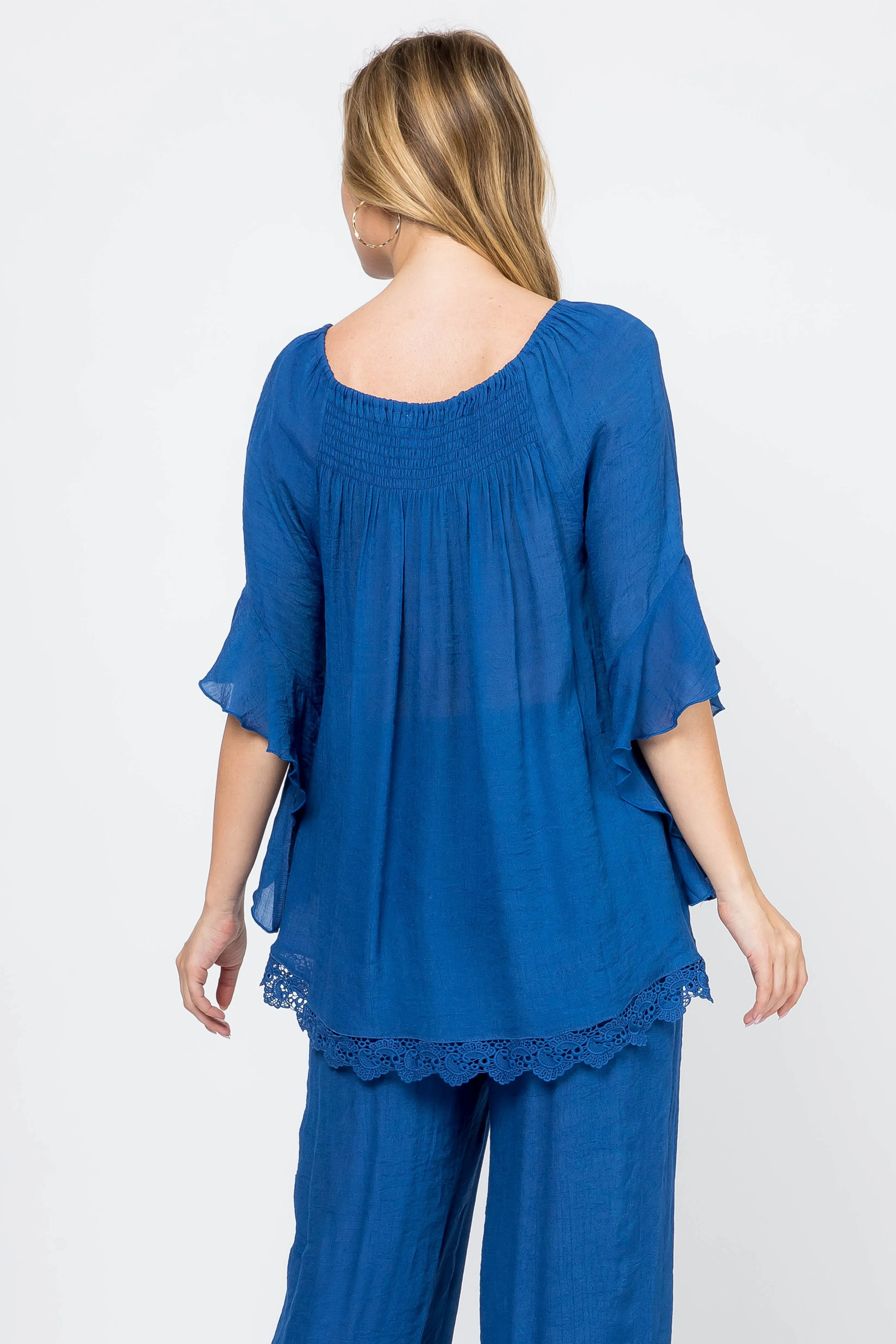 Women's Casual Smocked Neckline Crochet Trimmed Hem and ¾ Flared Sleeve Tunic Top