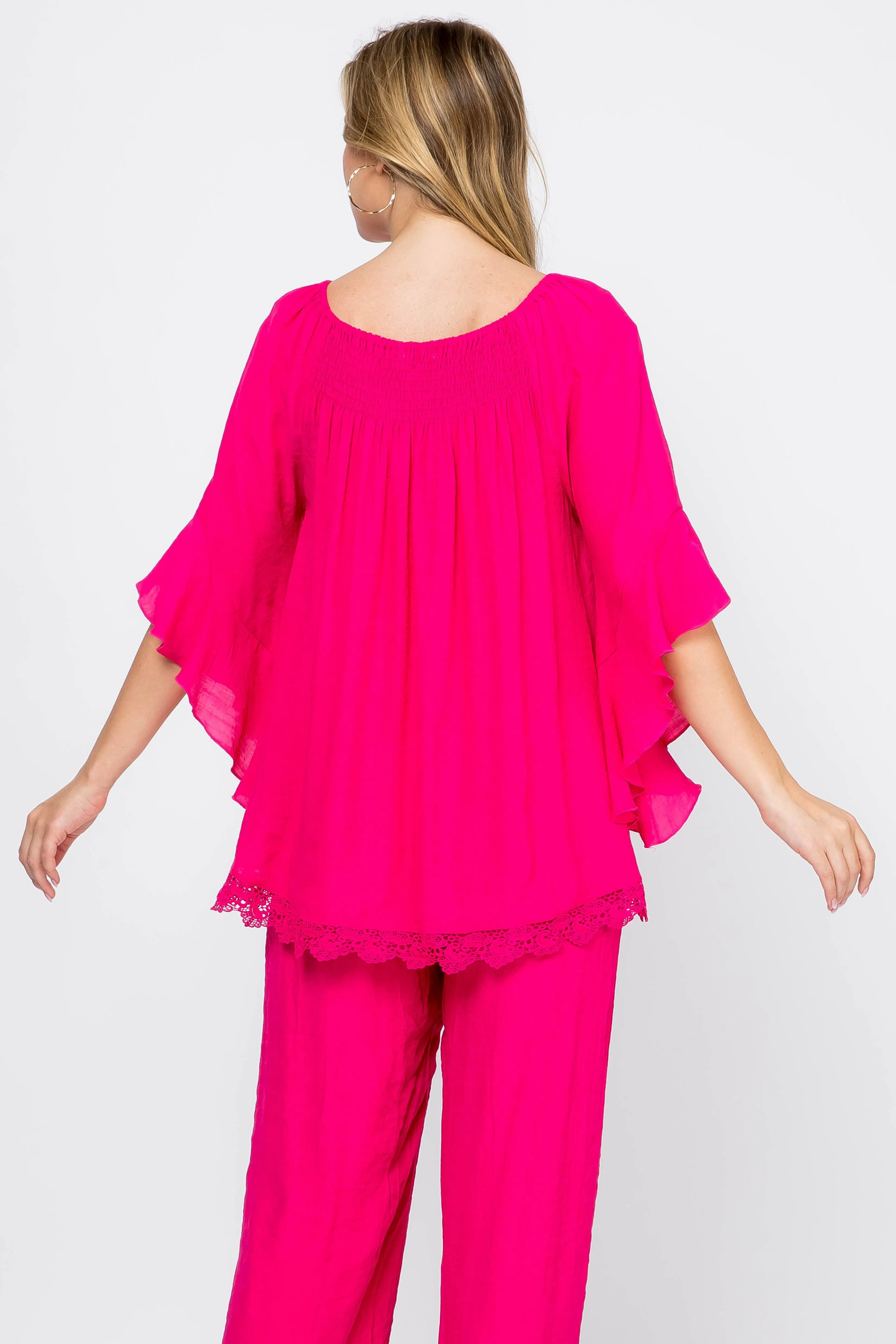 Women's Casual Smocked Neckline Crochet Trimmed Hem and ¾ Flared Sleeve Tunic Top